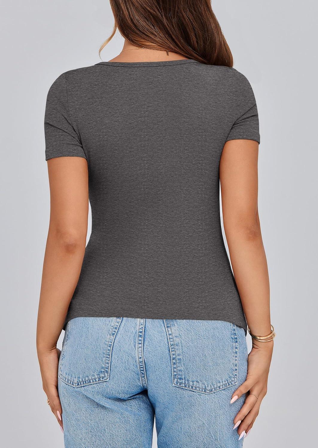 imagePRETTYGARDEN Womens 2026 Summer Short Sleeve Tops Ribbed Henley Button Slim Fit Basic Casual T Shirts Blouse Fashion ClothingCharcoal