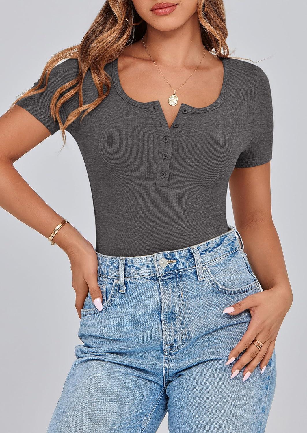 imagePRETTYGARDEN Womens 2026 Summer Short Sleeve Tops Ribbed Henley Button Slim Fit Basic Casual T Shirts Blouse Fashion ClothingCharcoal
