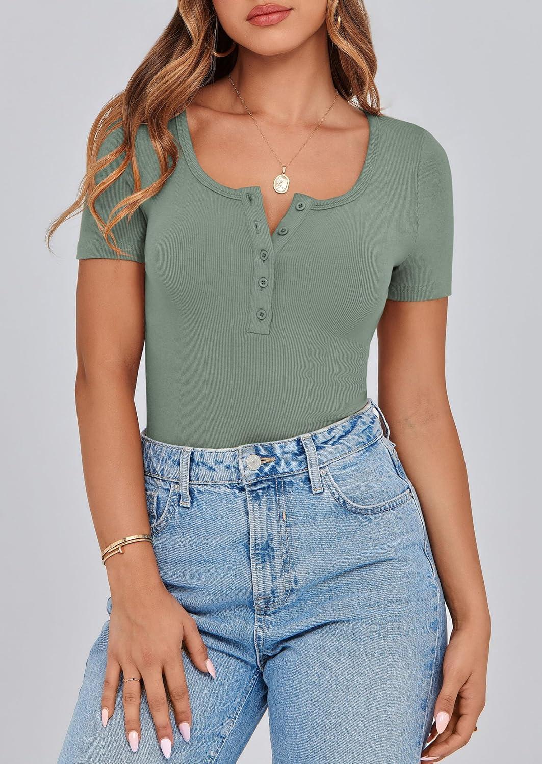 imagePRETTYGARDEN Womens 2026 Summer Short Sleeve Tops Ribbed Henley Button Slim Fit Basic Casual T Shirts Blouse Fashion ClothingLight Green
