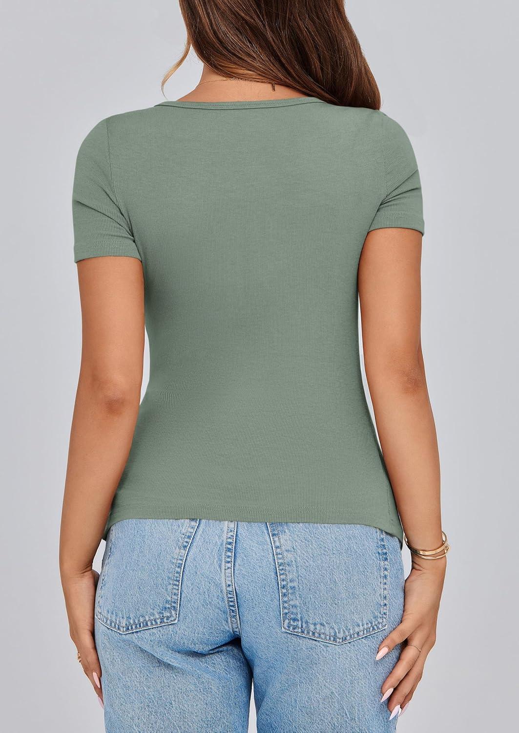 imagePRETTYGARDEN Womens 2026 Summer Short Sleeve Tops Ribbed Henley Button Slim Fit Basic Casual T Shirts Blouse Fashion ClothingLight Green