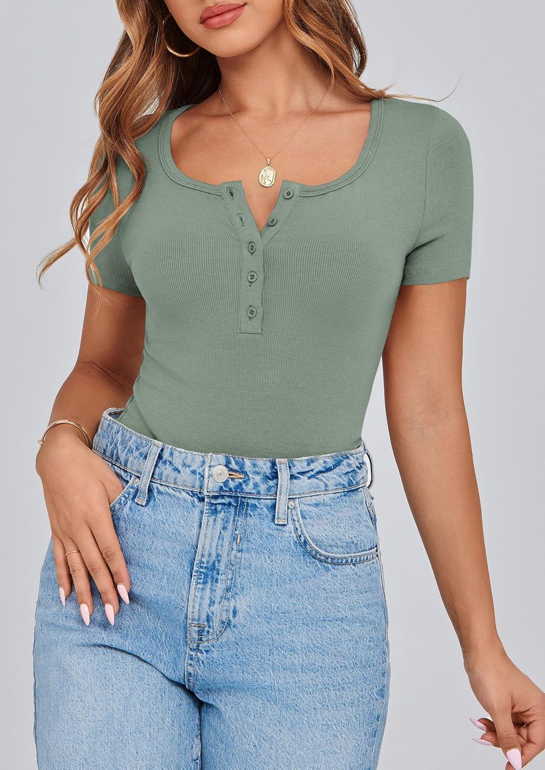 imagePRETTYGARDEN Womens 2026 Summer Short Sleeve Tops Ribbed Henley Button Slim Fit Basic Casual T Shirts Blouse Fashion ClothingLight Green