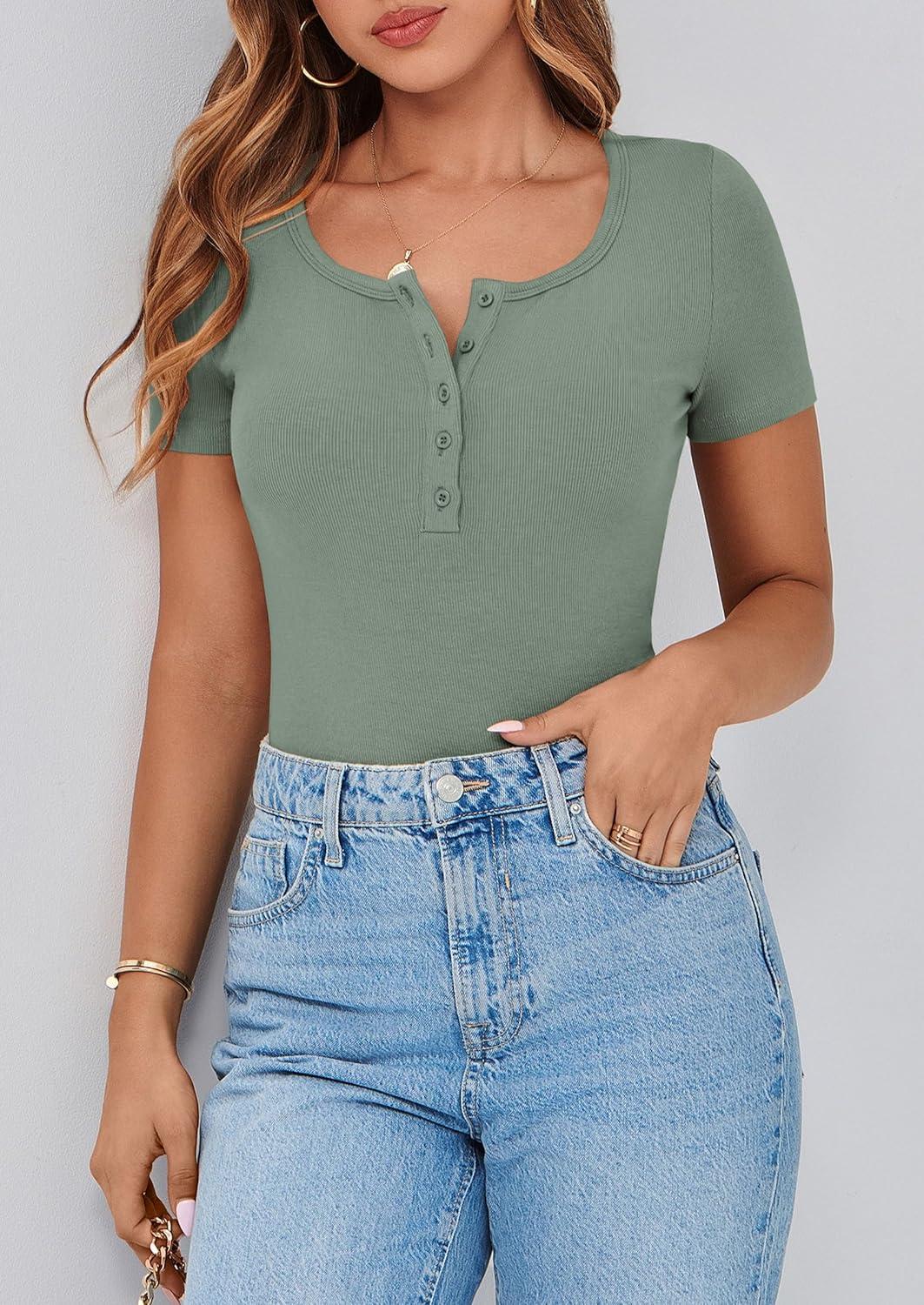 imagePRETTYGARDEN Womens 2026 Summer Short Sleeve Tops Ribbed Henley Button Slim Fit Basic Casual T Shirts Blouse Fashion ClothingLight Green