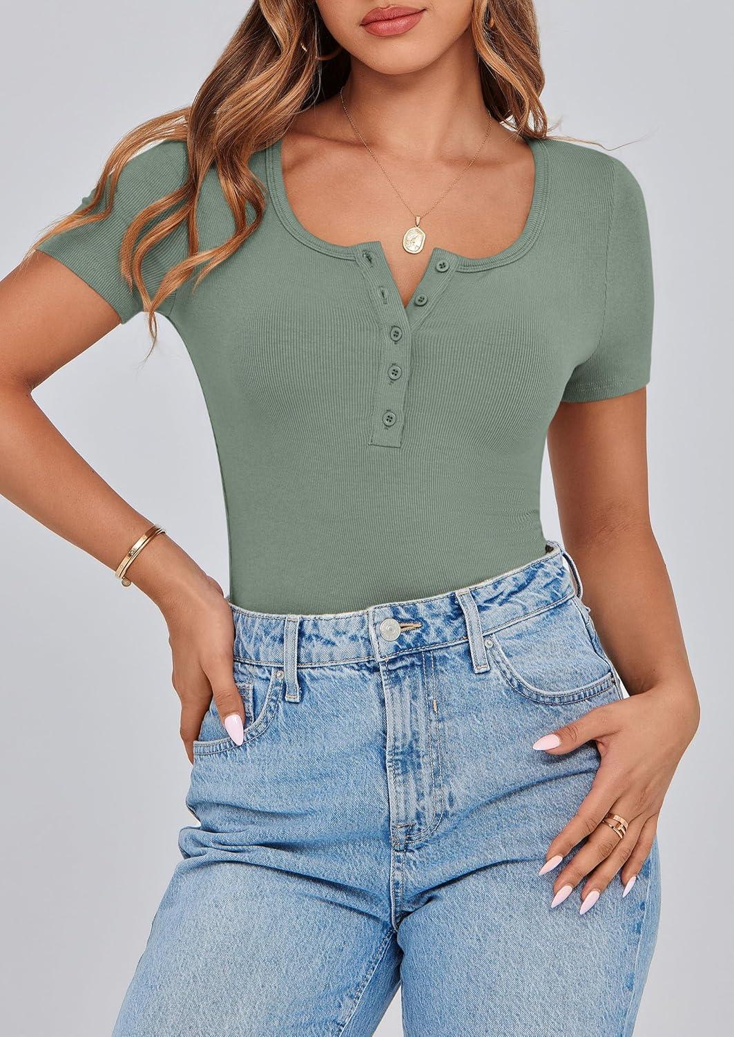 imagePRETTYGARDEN Womens 2026 Summer Short Sleeve Tops Ribbed Henley Button Slim Fit Basic Casual T Shirts Blouse Fashion ClothingLight Green