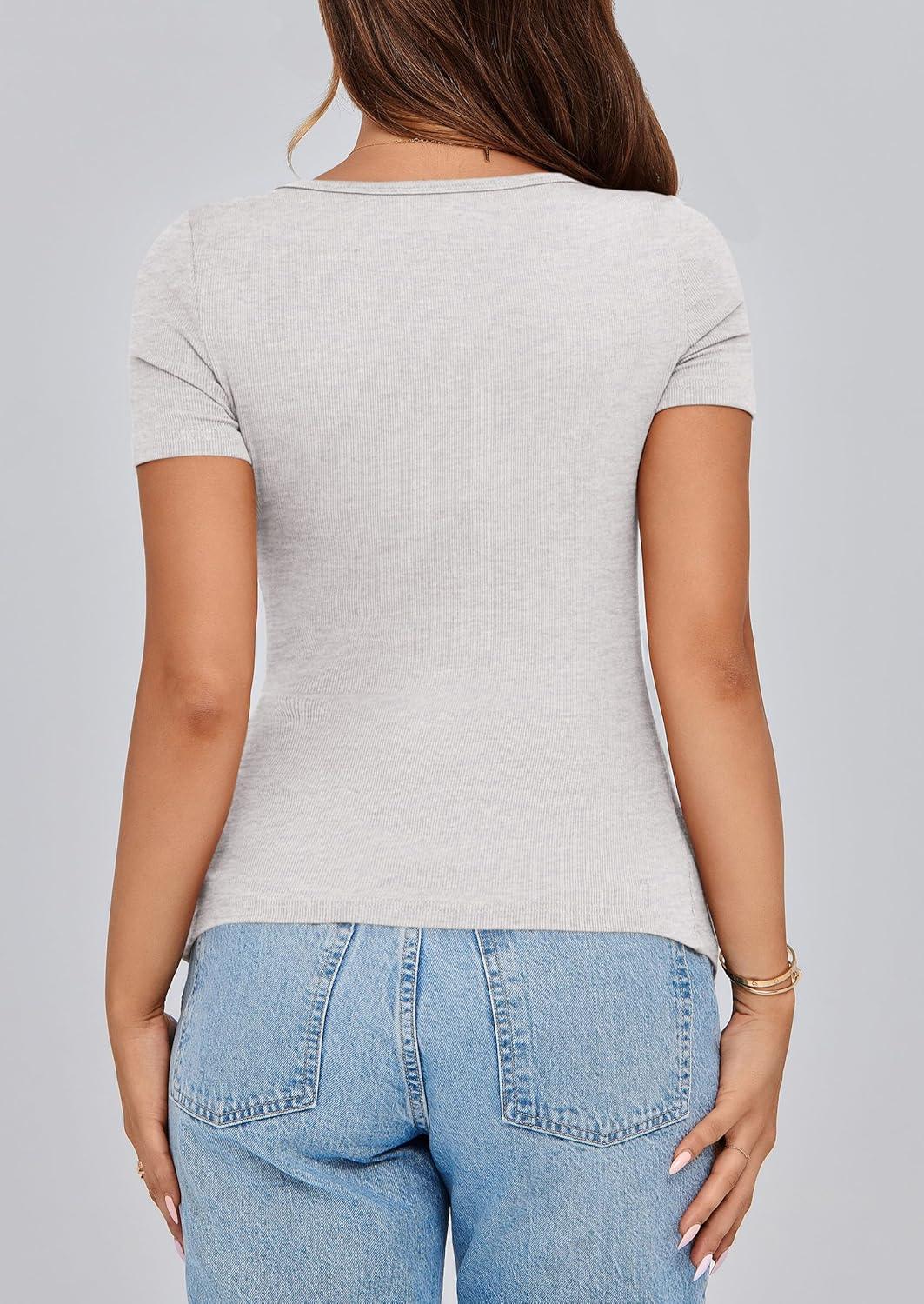 imagePRETTYGARDEN Womens 2026 Summer Short Sleeve Tops Ribbed Henley Button Slim Fit Basic Casual T Shirts Blouse Fashion ClothingLight Grey