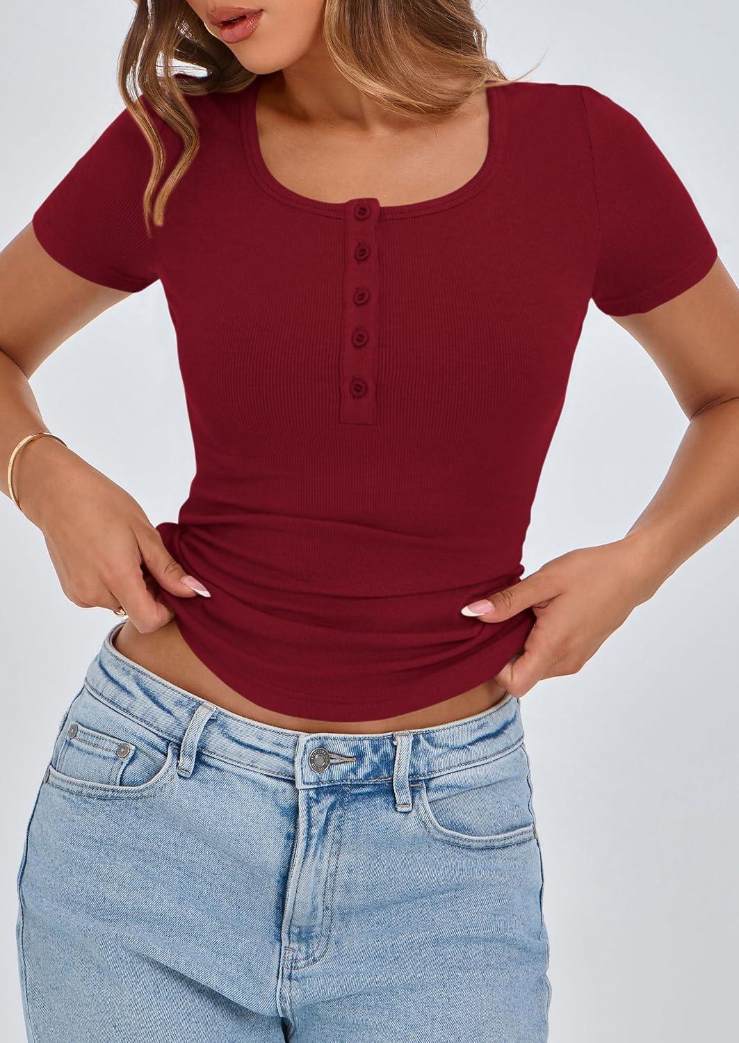 imagePRETTYGARDEN Womens 2026 Summer Short Sleeve Tops Ribbed Henley Button Slim Fit Basic Casual T Shirts Blouse Fashion ClothingWine Red