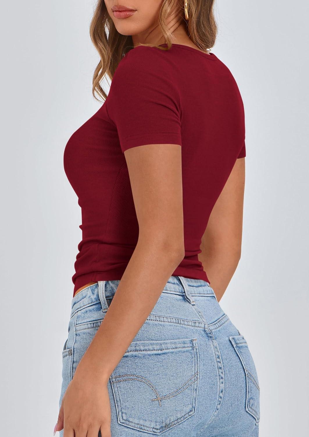 imagePRETTYGARDEN Womens 2026 Summer Short Sleeve Tops Ribbed Henley Button Slim Fit Basic Casual T Shirts Blouse Fashion ClothingWine Red