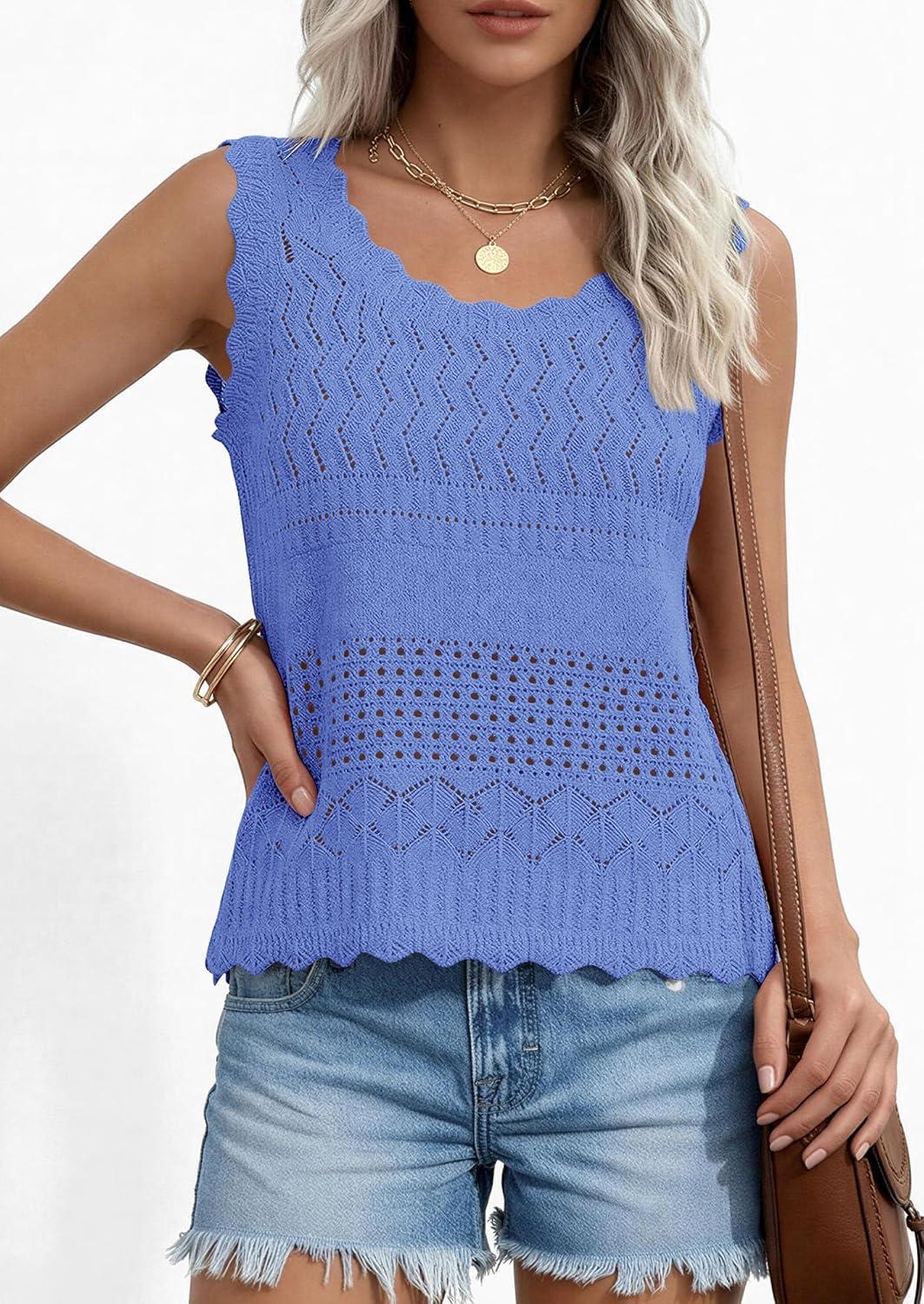 imagePRETTYGARDEN Womens Crochet Tank Tops 2026 Summer Spring Sleeveless Tops Cute Sweater Vest Trendy Boho Beach Vacation ClothesBlue