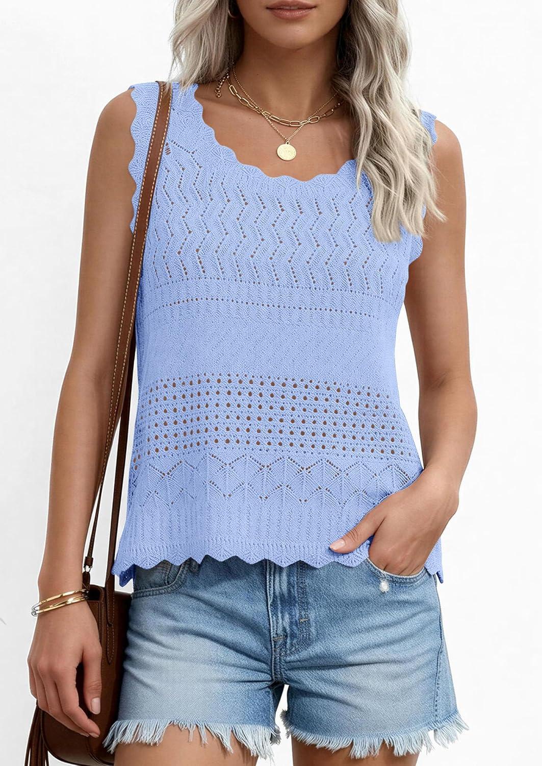 imagePRETTYGARDEN Womens Crochet Tank Tops 2026 Summer Spring Sleeveless Tops Cute Sweater Vest Trendy Boho Beach Vacation ClothesLight Blue