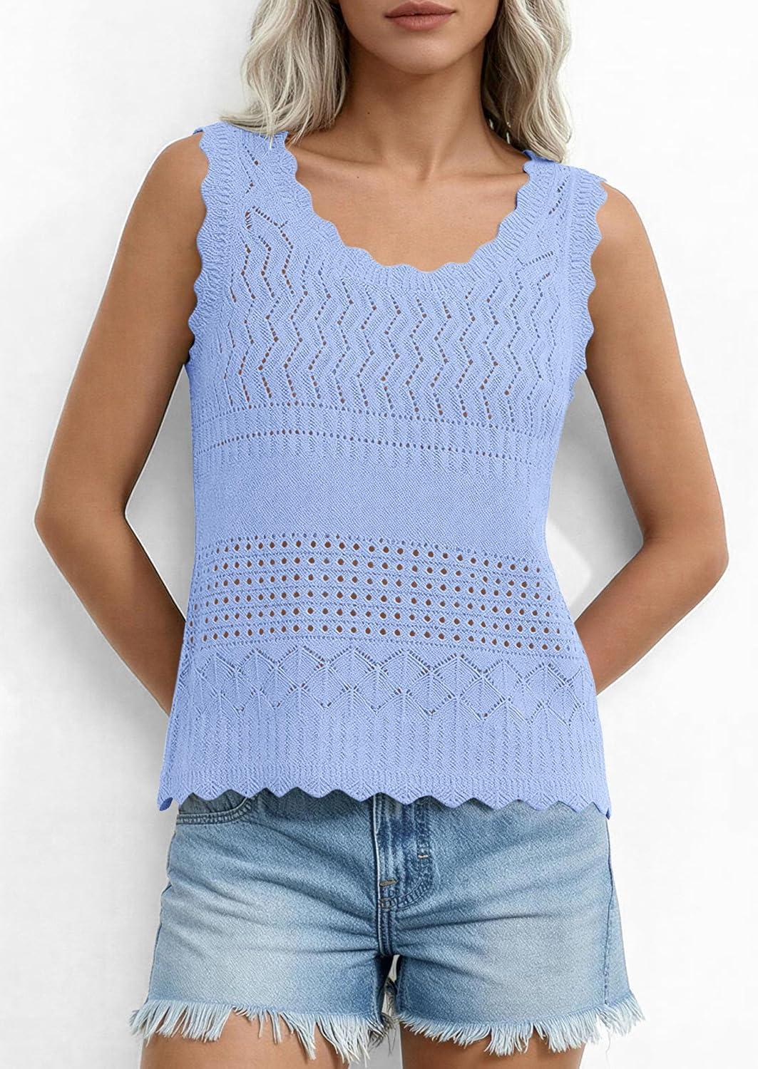 imagePRETTYGARDEN Womens Crochet Tank Tops 2026 Summer Spring Sleeveless Tops Cute Sweater Vest Trendy Boho Beach Vacation ClothesLight Blue