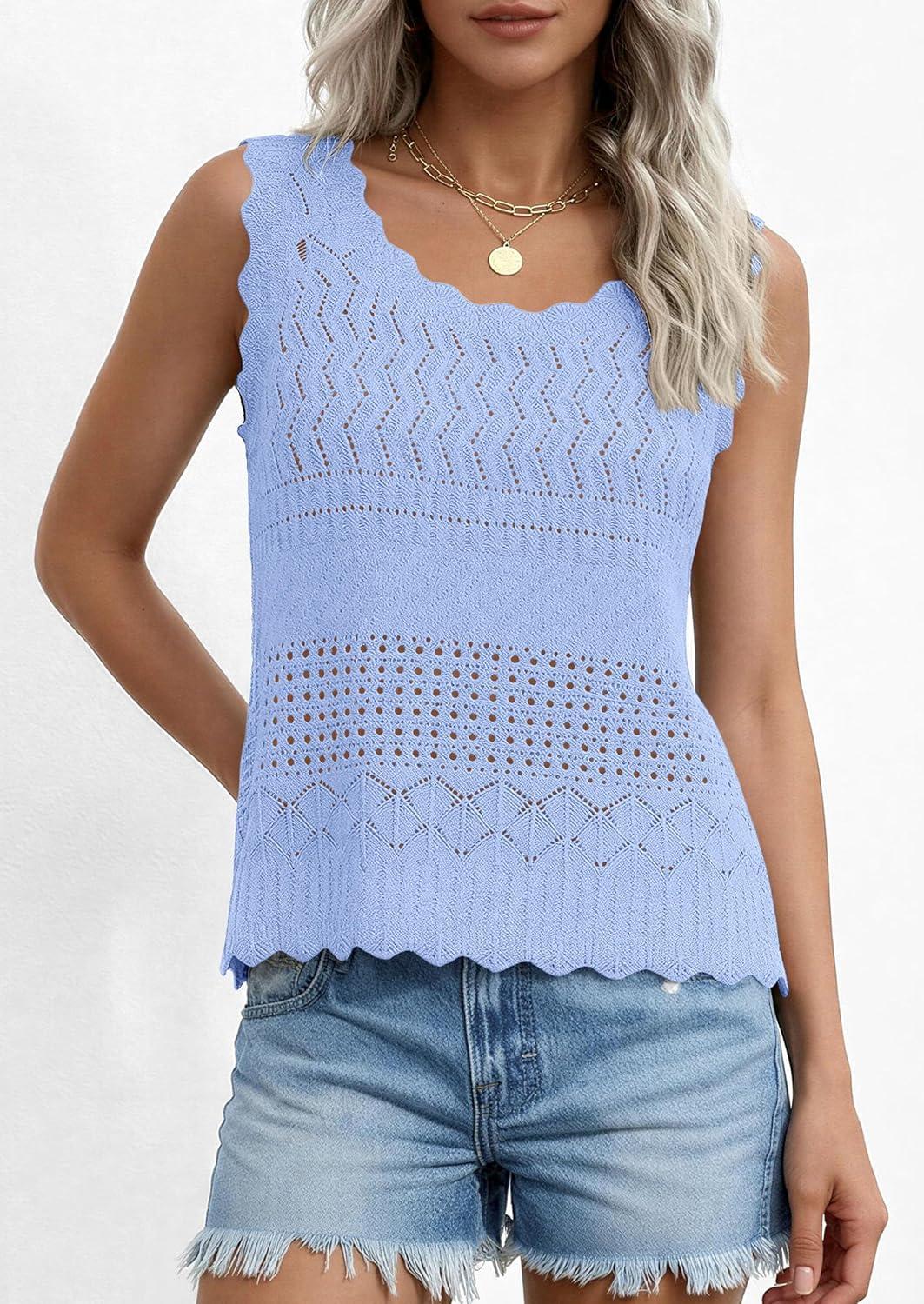imagePRETTYGARDEN Womens Crochet Tank Tops 2026 Summer Spring Sleeveless Tops Cute Sweater Vest Trendy Boho Beach Vacation ClothesLight Blue