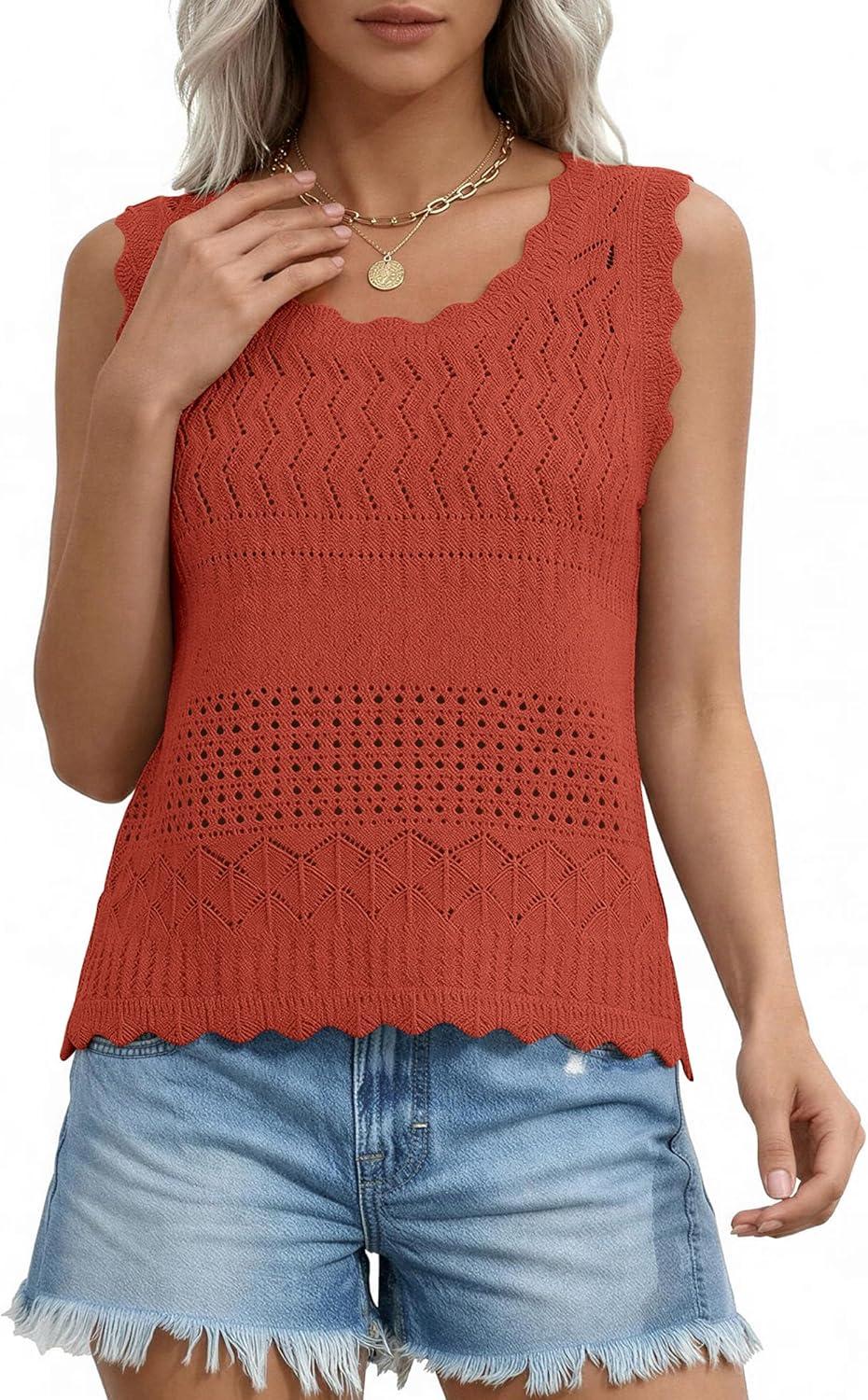imagePRETTYGARDEN Womens Crochet Tank Tops 2026 Summer Spring Sleeveless Tops Cute Sweater Vest Trendy Boho Beach Vacation ClothesRust Red