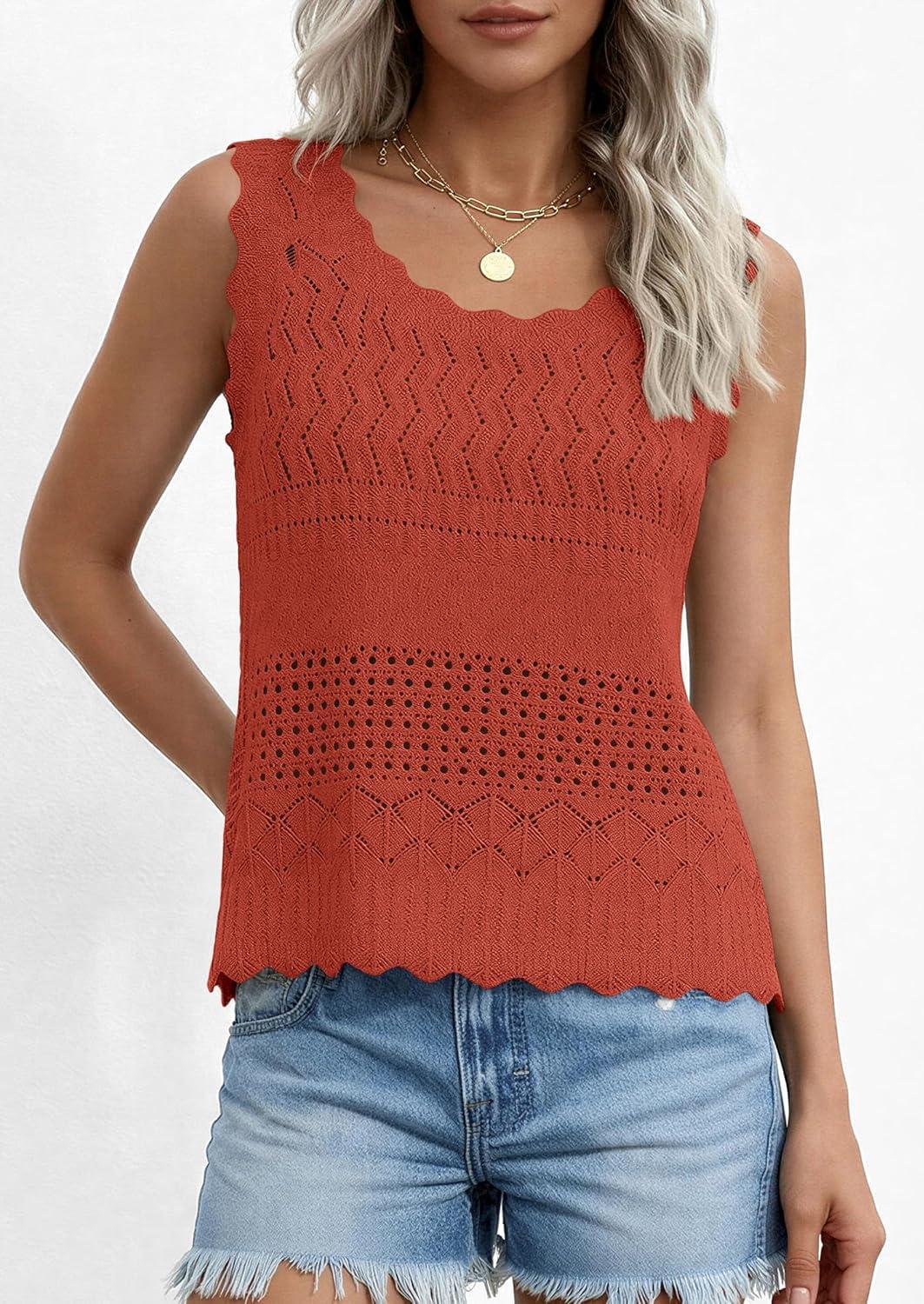 imagePRETTYGARDEN Womens Crochet Tank Tops 2026 Summer Spring Sleeveless Tops Cute Sweater Vest Trendy Boho Beach Vacation ClothesRust Red