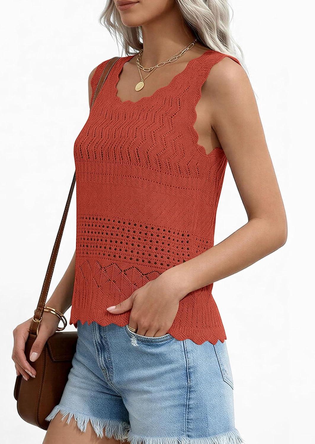 imagePRETTYGARDEN Womens Crochet Tank Tops 2026 Summer Spring Sleeveless Tops Cute Sweater Vest Trendy Boho Beach Vacation ClothesRust Red