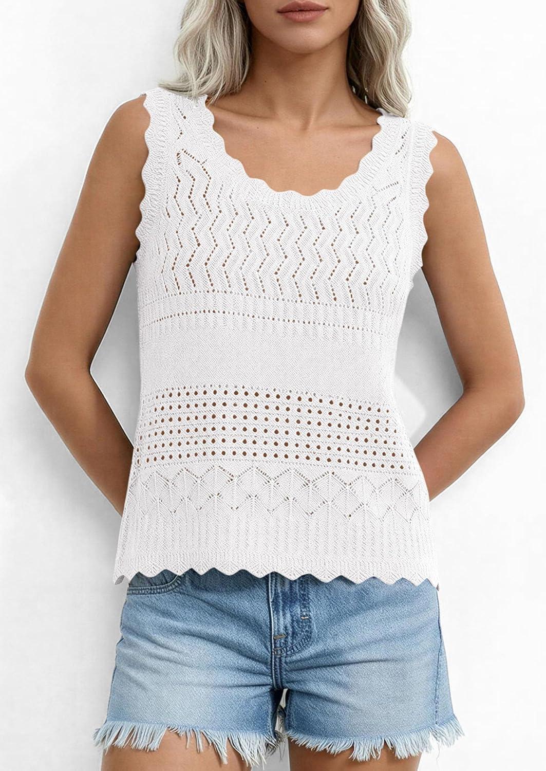 imagePRETTYGARDEN Womens Crochet Tank Tops 2026 Summer Spring Sleeveless Tops Cute Sweater Vest Trendy Boho Beach Vacation ClothesWhite