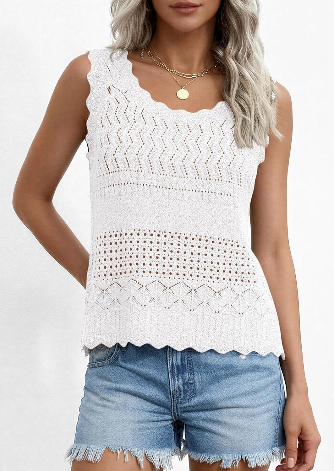 imagePRETTYGARDEN Womens Crochet Tank Tops 2026 Summer Spring Sleeveless Tops Cute Sweater Vest Trendy Boho Beach Vacation ClothesWhite