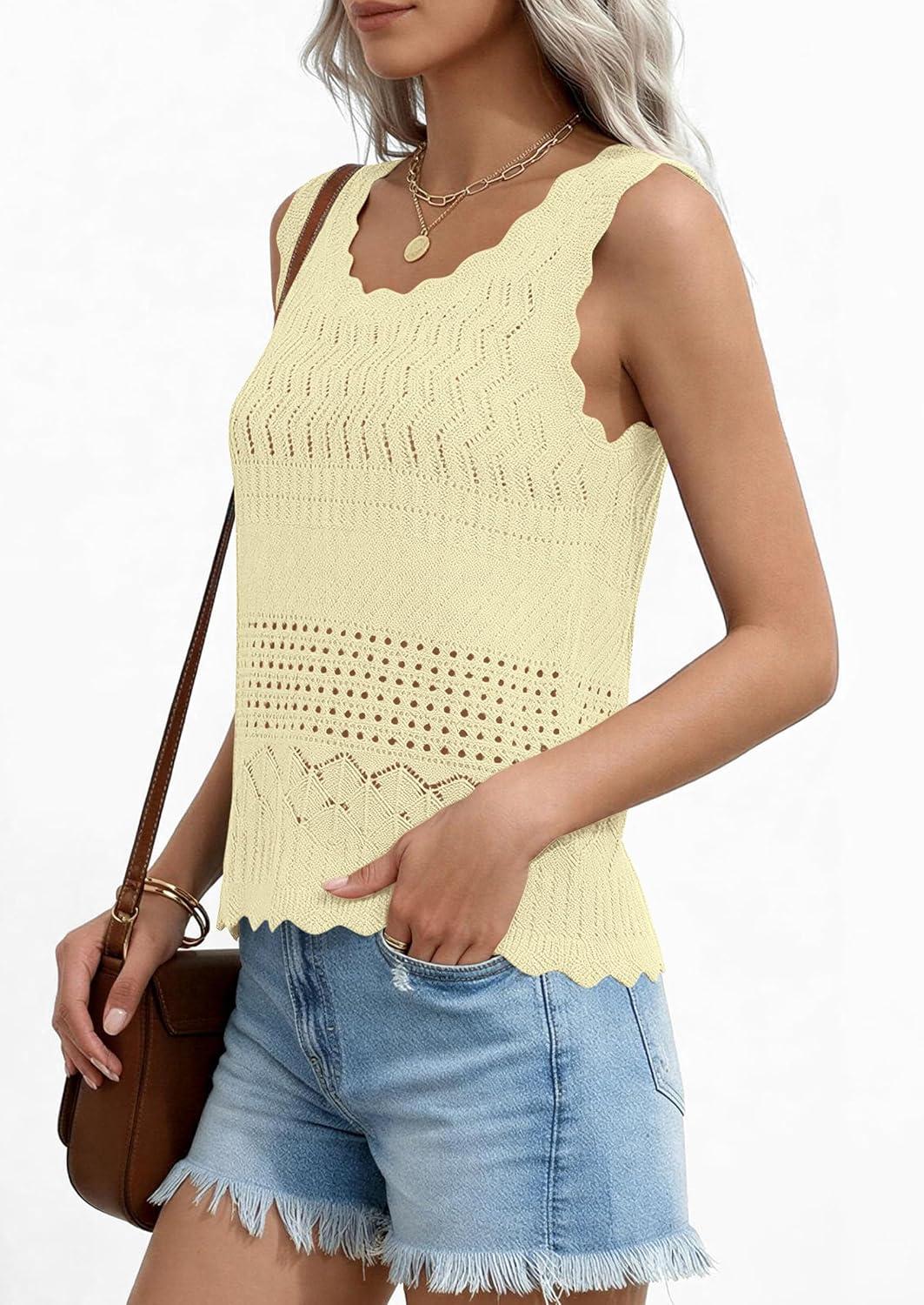 imagePRETTYGARDEN Womens Crochet Tank Tops 2026 Summer Spring Sleeveless Tops Cute Sweater Vest Trendy Boho Beach Vacation ClothesYellow