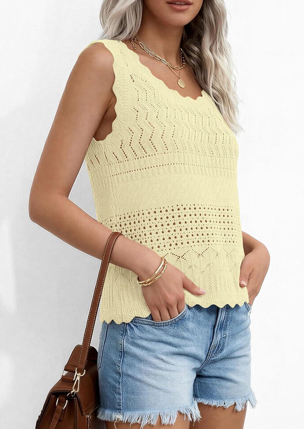 imagePRETTYGARDEN Womens Crochet Tank Tops 2026 Summer Spring Sleeveless Tops Cute Sweater Vest Trendy Boho Beach Vacation ClothesYellow