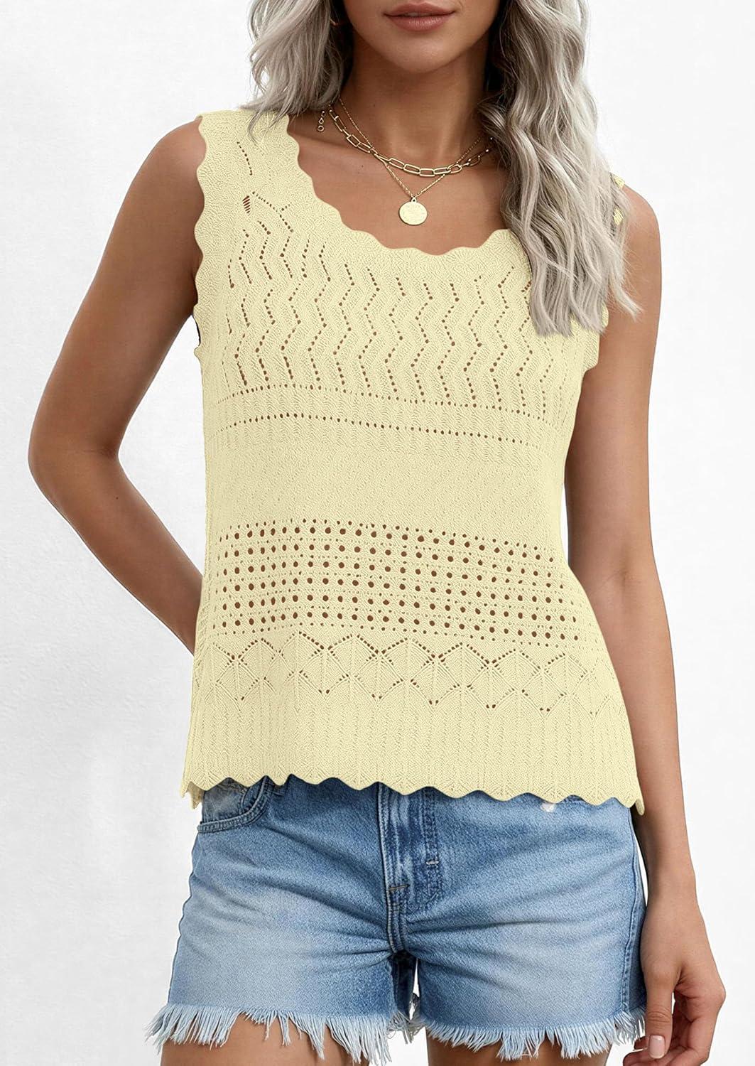imagePRETTYGARDEN Womens Crochet Tank Tops 2026 Summer Spring Sleeveless Tops Cute Sweater Vest Trendy Boho Beach Vacation ClothesYellow