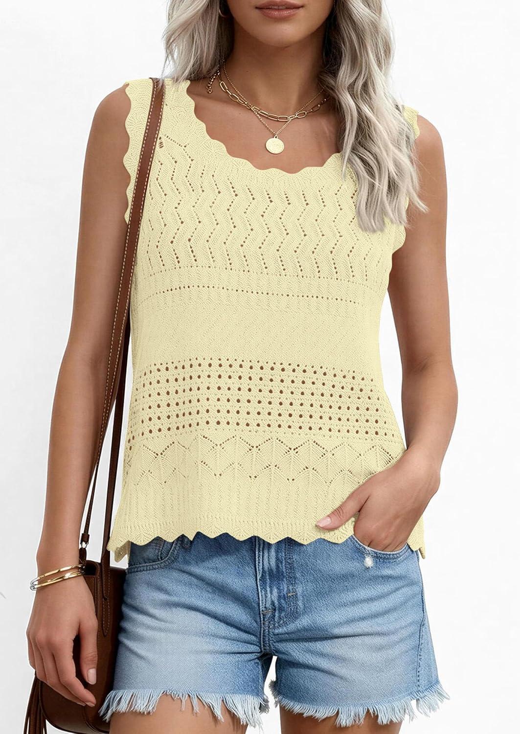 imagePRETTYGARDEN Womens Crochet Tank Tops 2026 Summer Spring Sleeveless Tops Cute Sweater Vest Trendy Boho Beach Vacation ClothesYellow
