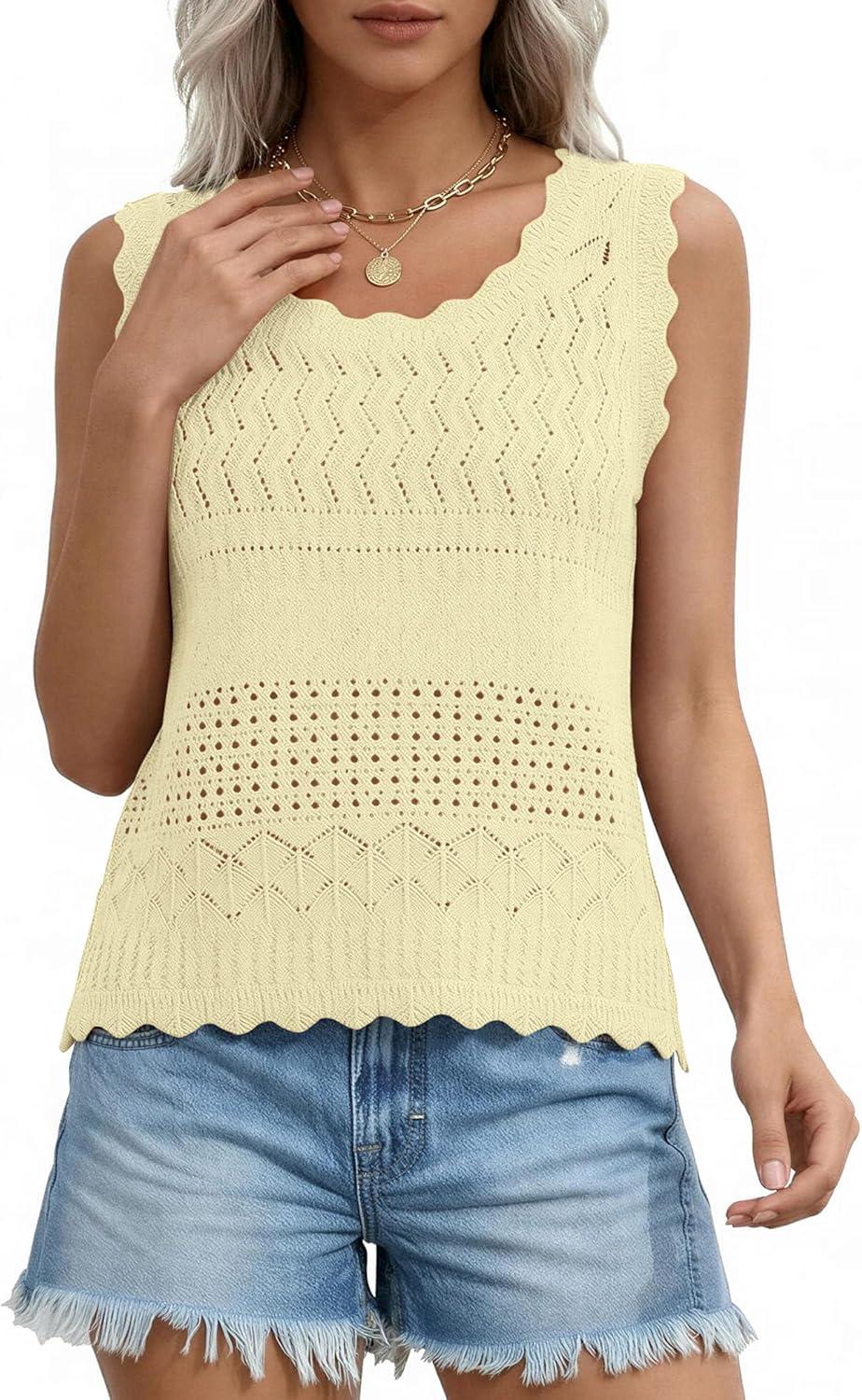 imagePRETTYGARDEN Womens Crochet Tank Tops 2026 Summer Spring Sleeveless Tops Cute Sweater Vest Trendy Boho Beach Vacation ClothesYellow