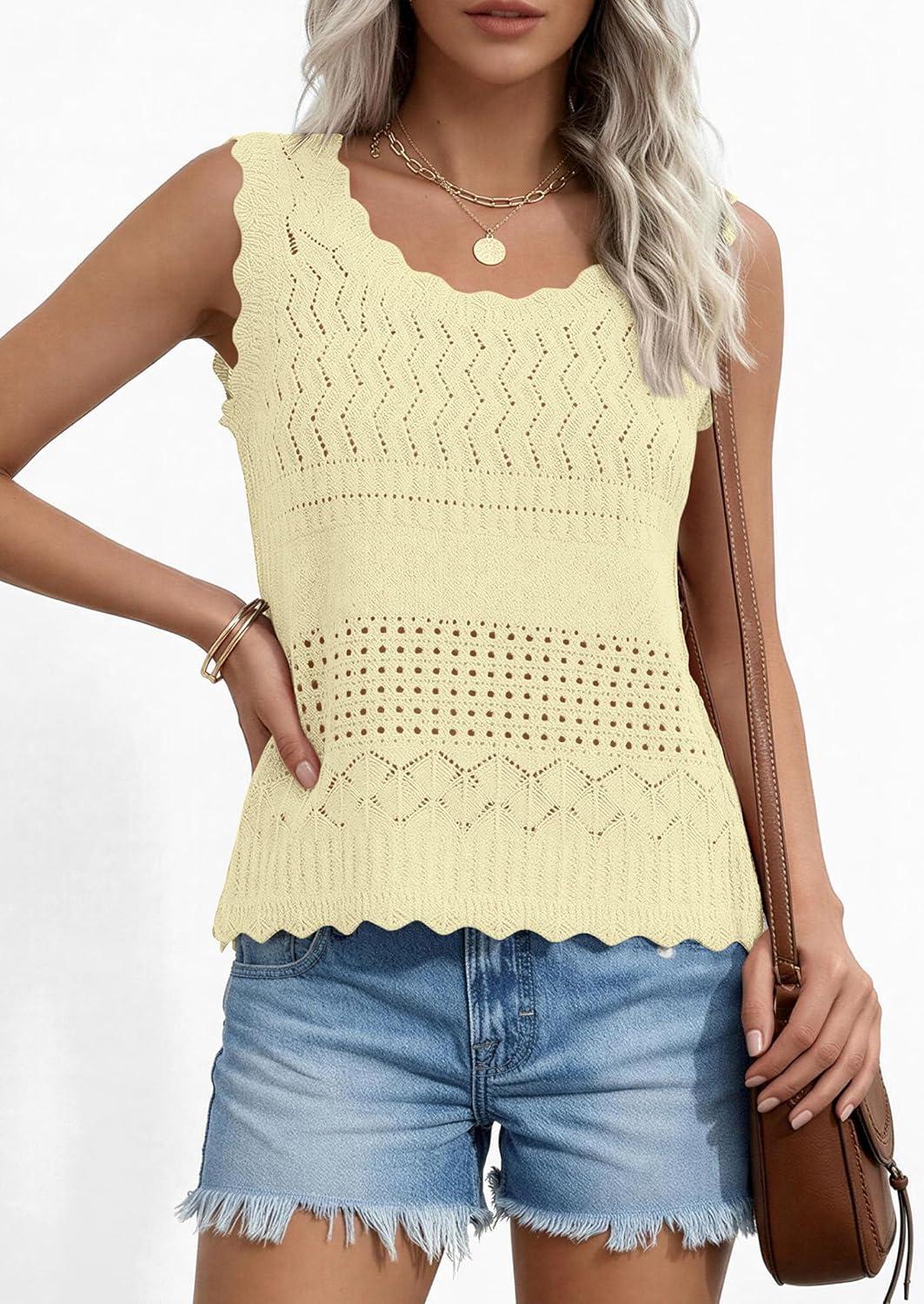 imagePRETTYGARDEN Womens Crochet Tank Tops 2026 Summer Spring Sleeveless Tops Cute Sweater Vest Trendy Boho Beach Vacation ClothesYellow