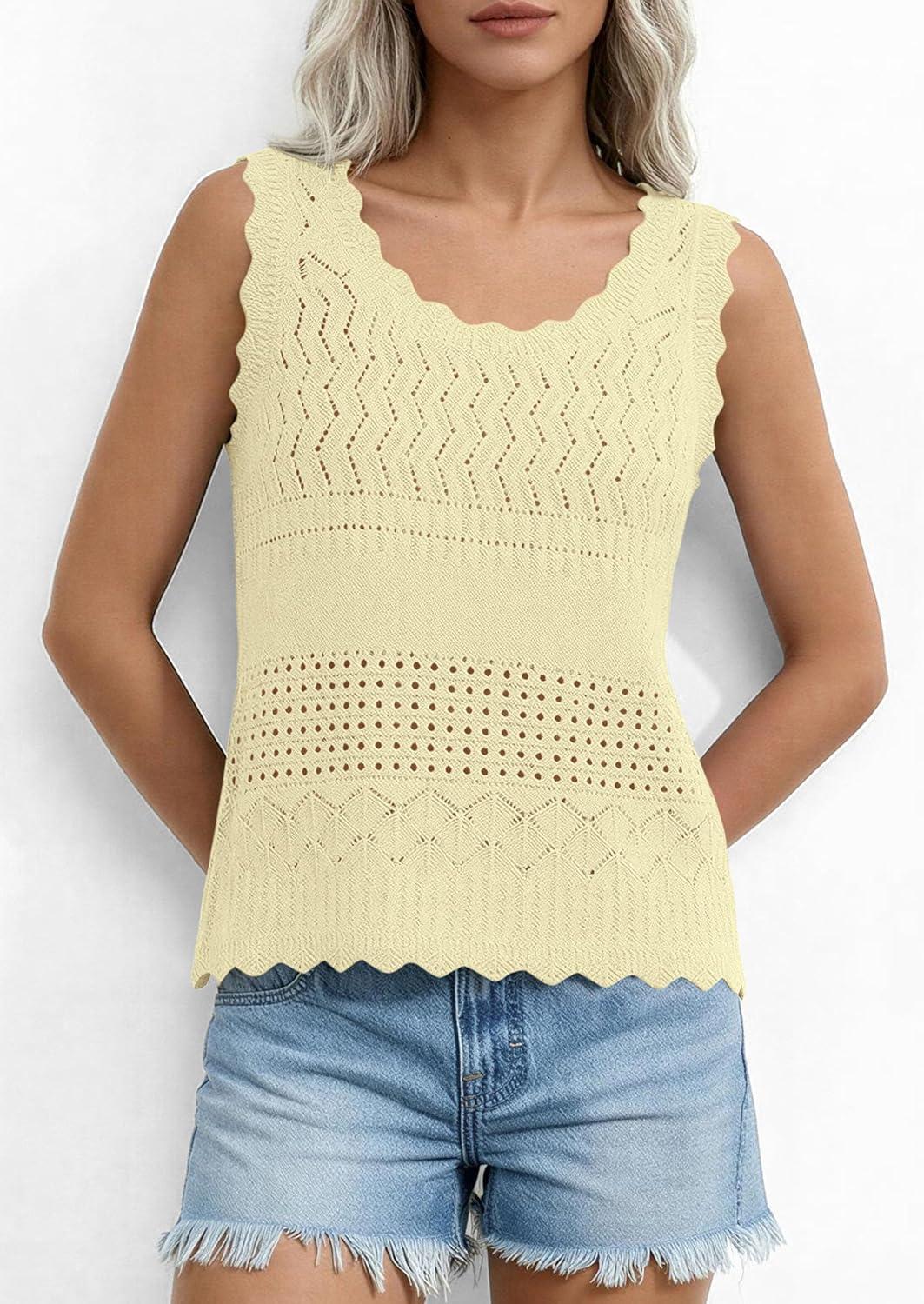 imagePRETTYGARDEN Womens Crochet Tank Tops 2026 Summer Spring Sleeveless Tops Cute Sweater Vest Trendy Boho Beach Vacation ClothesYellow