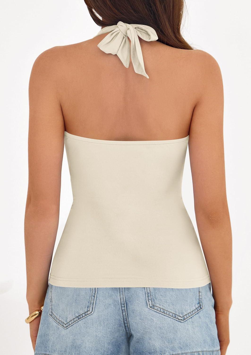 imagePRETTYGARDEN Womens Halter Top 2026 Spring Tie Wrap Sleeveless Ruched V Neck Fitted Summer Tops Backless Fashion Y2k ClothesBeige