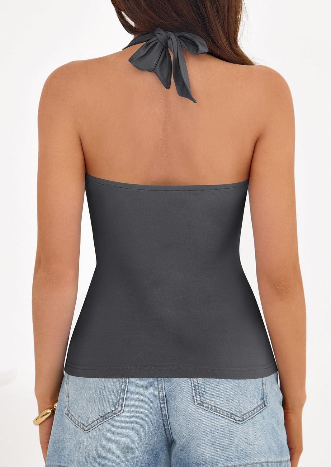imagePRETTYGARDEN Womens Halter Top 2026 Spring Tie Wrap Sleeveless Ruched V Neck Fitted Summer Tops Backless Fashion Y2k ClothesGrey
