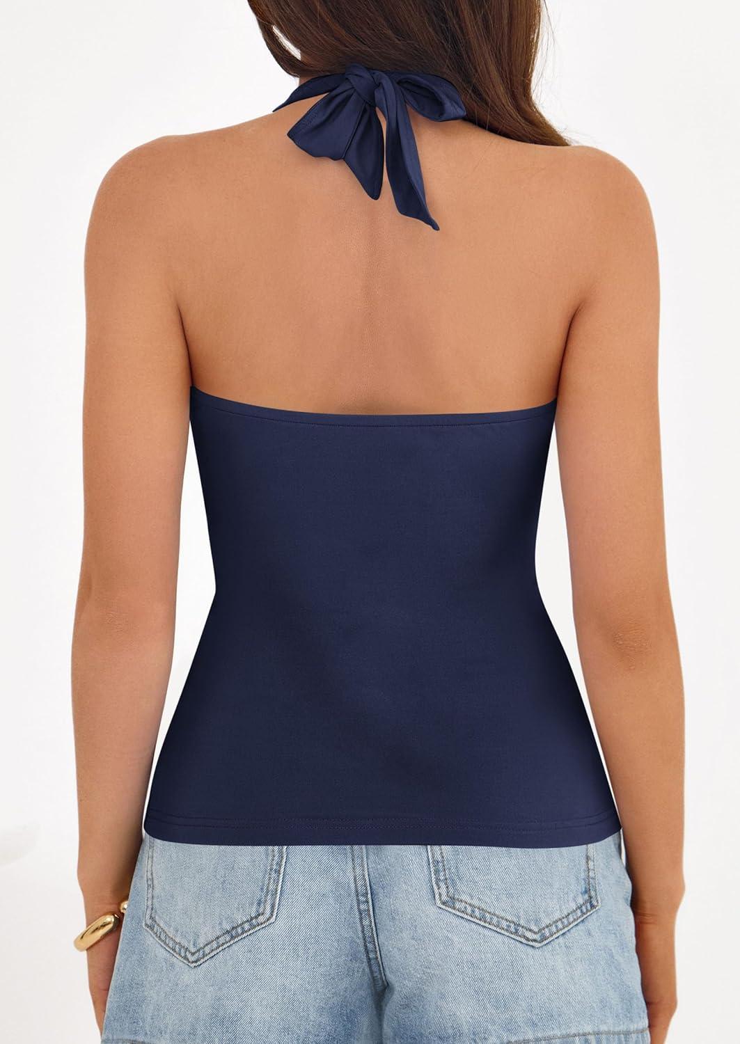 imagePRETTYGARDEN Womens Halter Top 2026 Spring Tie Wrap Sleeveless Ruched V Neck Fitted Summer Tops Backless Fashion Y2k ClothesNavy