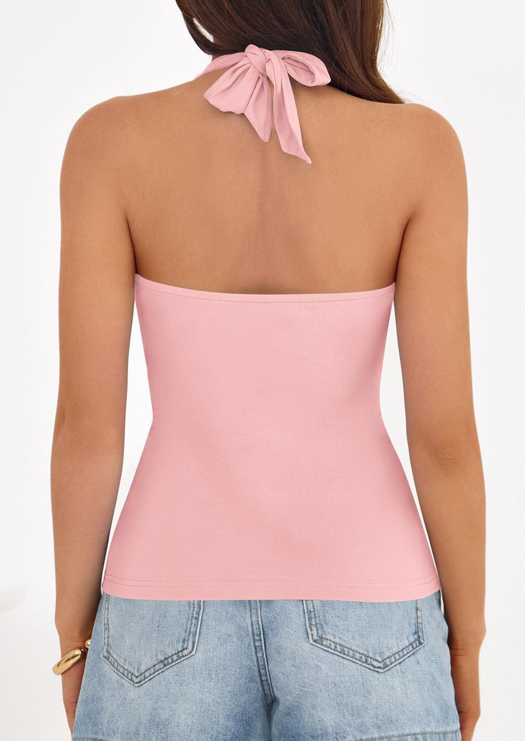 imagePRETTYGARDEN Womens Halter Top 2026 Spring Tie Wrap Sleeveless Ruched V Neck Fitted Summer Tops Backless Fashion Y2k ClothesPink