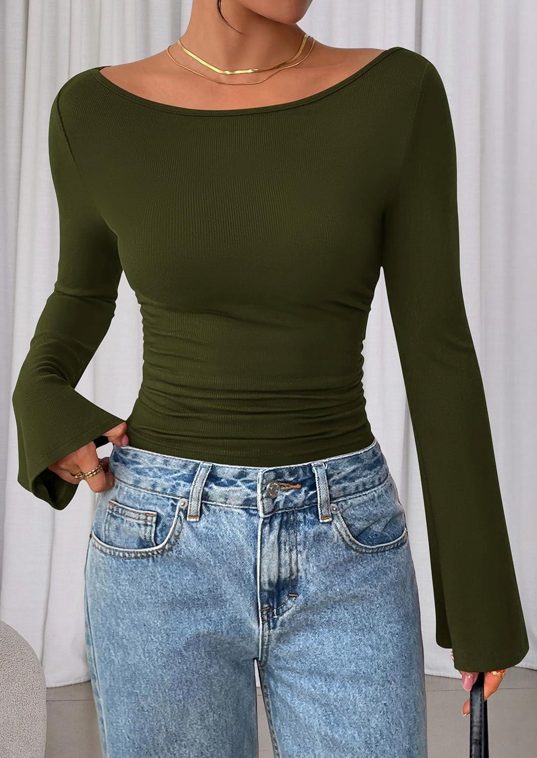 imagePRETTYGARDEN Womens Long Sleeve Shirts 2026 Spring Crop Going Out Tops Casual Boat Neck Bell Sleeve Ribbed Ruched Y2K ClothesArmy Green