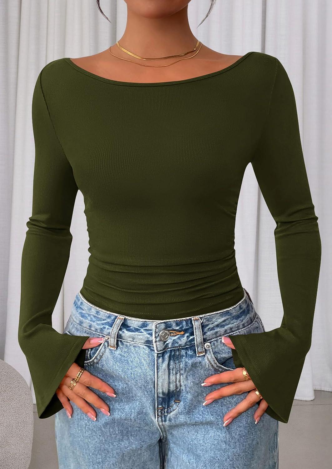 imagePRETTYGARDEN Womens Long Sleeve Shirts 2026 Spring Crop Going Out Tops Casual Boat Neck Bell Sleeve Ribbed Ruched Y2K ClothesArmy Green