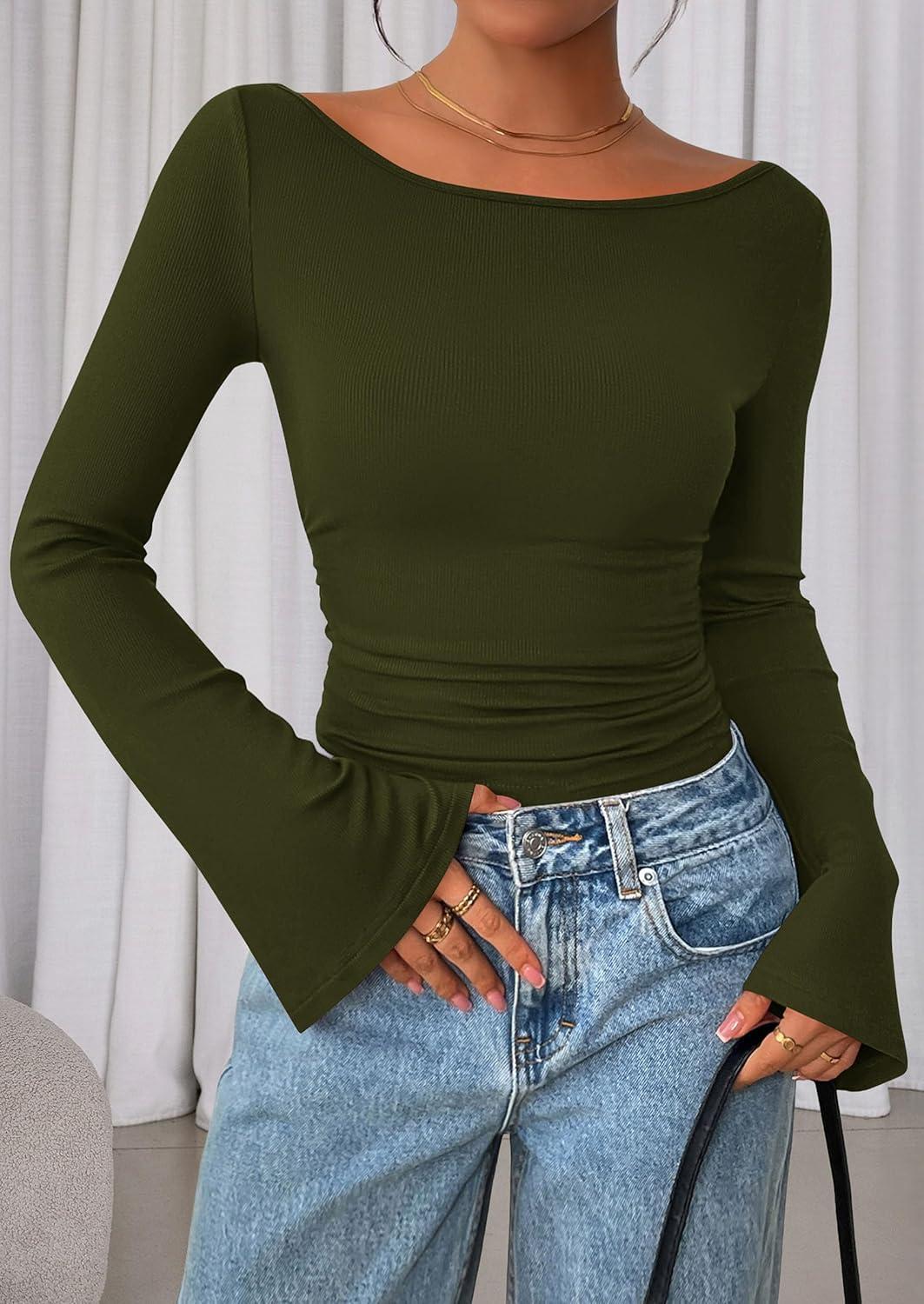 imagePRETTYGARDEN Womens Long Sleeve Shirts 2026 Spring Crop Going Out Tops Casual Boat Neck Bell Sleeve Ribbed Ruched Y2K ClothesArmy Green