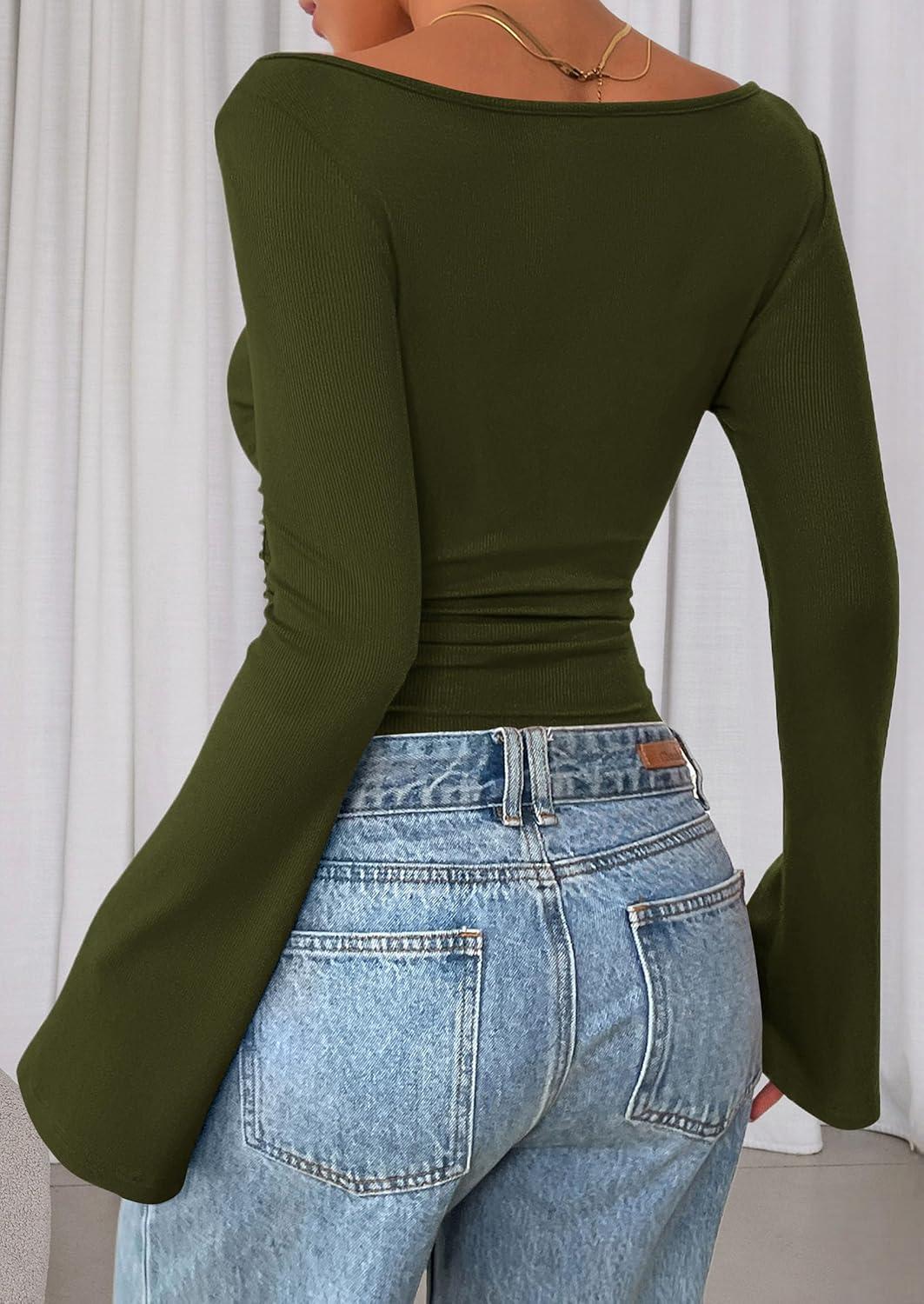 imagePRETTYGARDEN Womens Long Sleeve Shirts 2026 Spring Crop Going Out Tops Casual Boat Neck Bell Sleeve Ribbed Ruched Y2K ClothesArmy Green