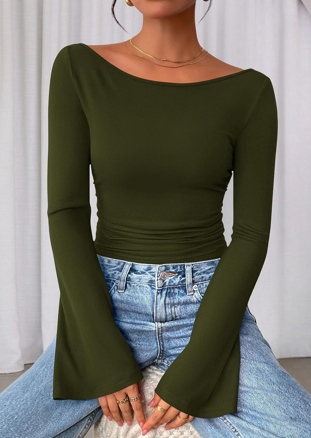 imagePRETTYGARDEN Womens Long Sleeve Shirts 2026 Spring Crop Going Out Tops Casual Boat Neck Bell Sleeve Ribbed Ruched Y2K ClothesArmy Green