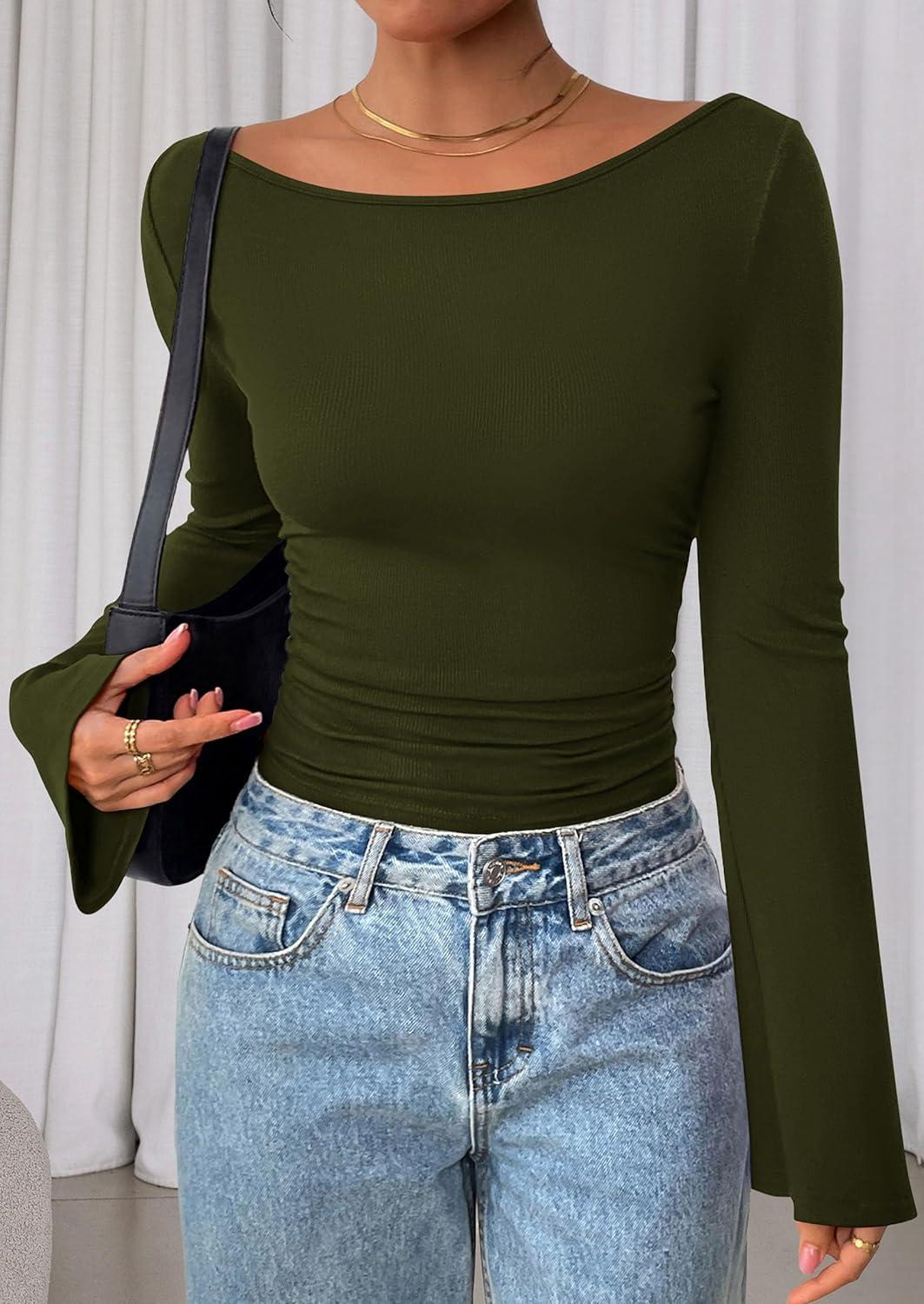 imagePRETTYGARDEN Womens Long Sleeve Shirts 2026 Spring Crop Going Out Tops Casual Boat Neck Bell Sleeve Ribbed Ruched Y2K ClothesArmy Green