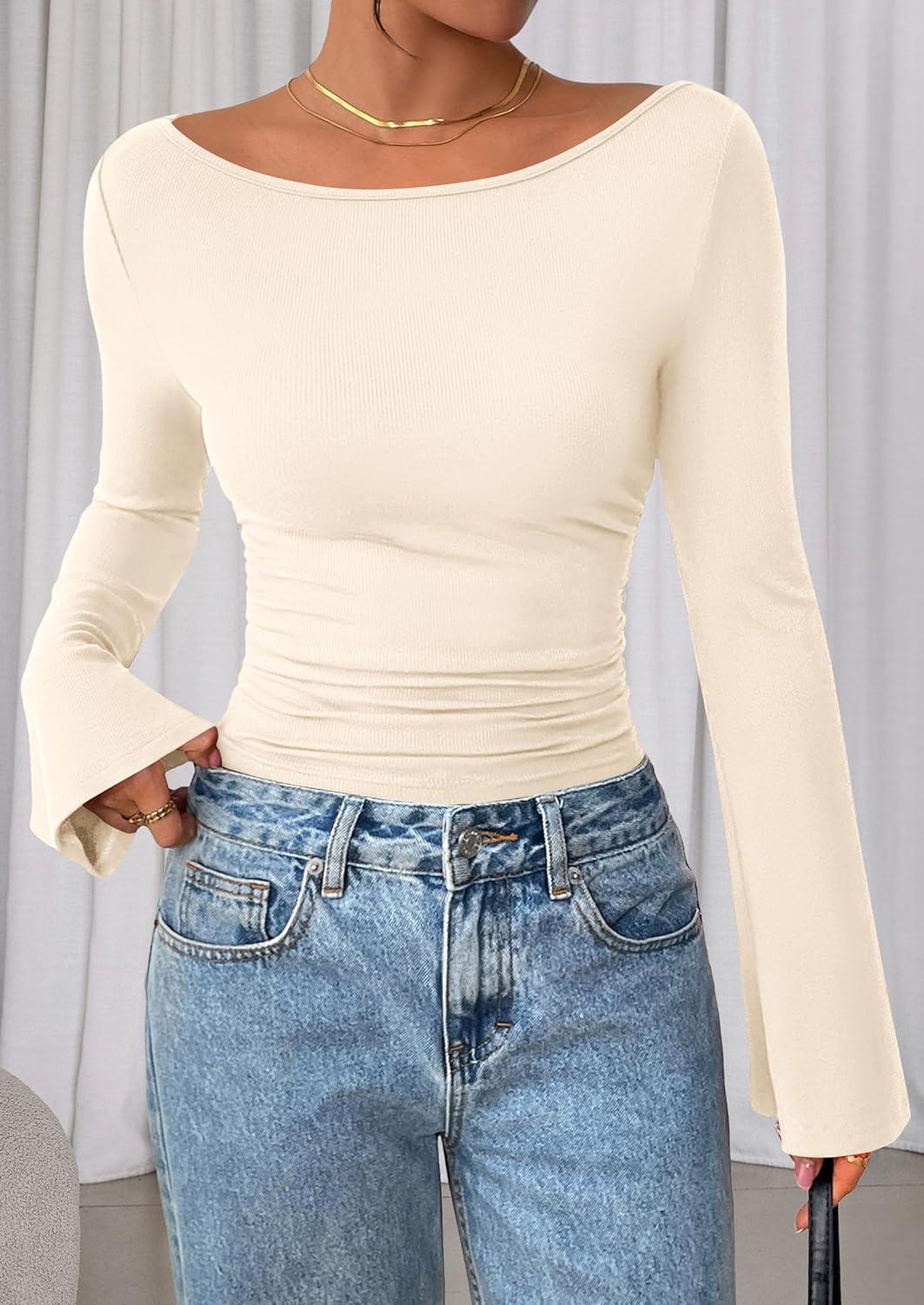 imagePRETTYGARDEN Womens Long Sleeve Shirts 2026 Spring Crop Going Out Tops Casual Boat Neck Bell Sleeve Ribbed Ruched Y2K ClothesBeige