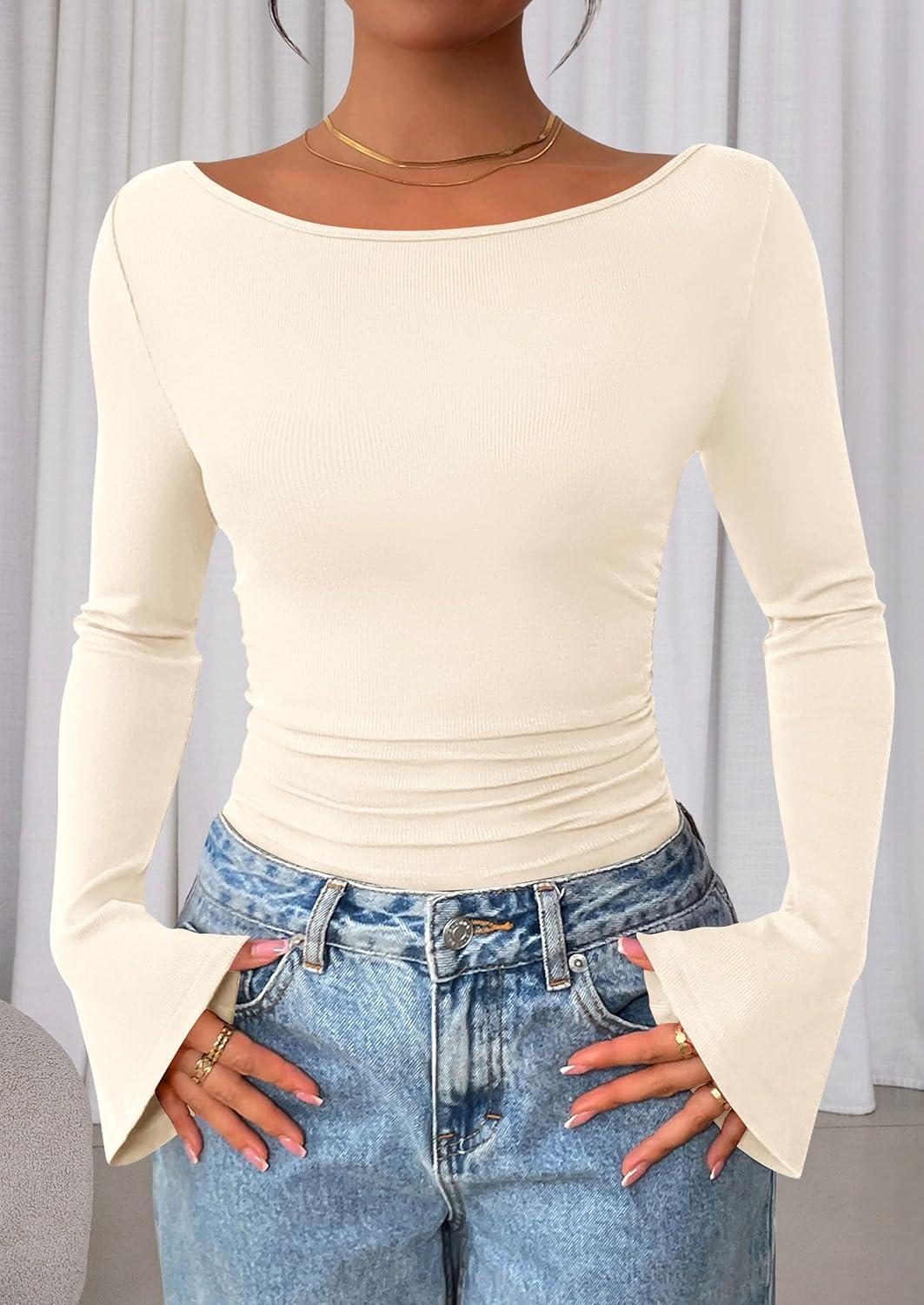 imagePRETTYGARDEN Womens Long Sleeve Shirts 2026 Spring Crop Going Out Tops Casual Boat Neck Bell Sleeve Ribbed Ruched Y2K ClothesBeige