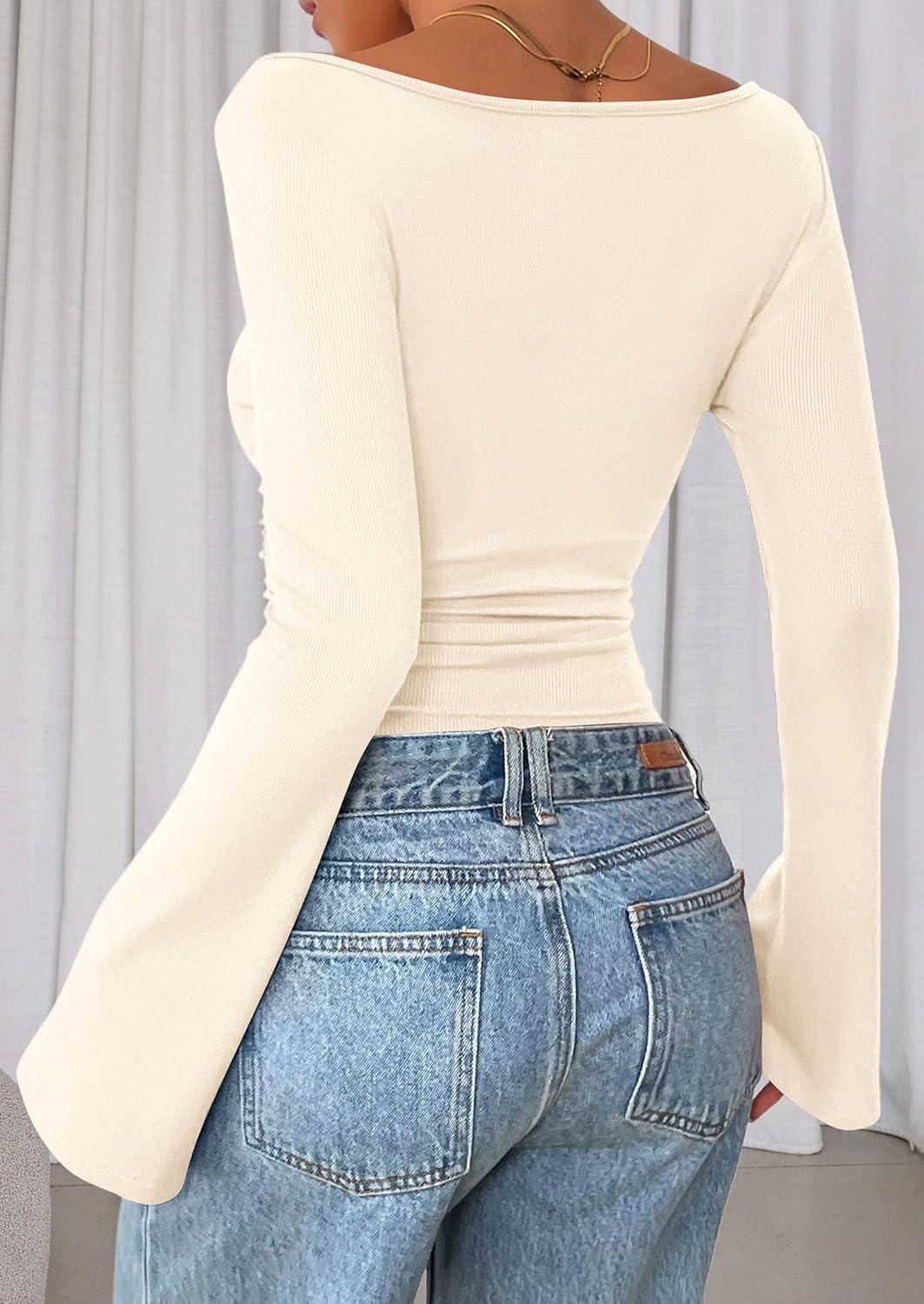imagePRETTYGARDEN Womens Long Sleeve Shirts 2026 Spring Crop Going Out Tops Casual Boat Neck Bell Sleeve Ribbed Ruched Y2K ClothesBeige