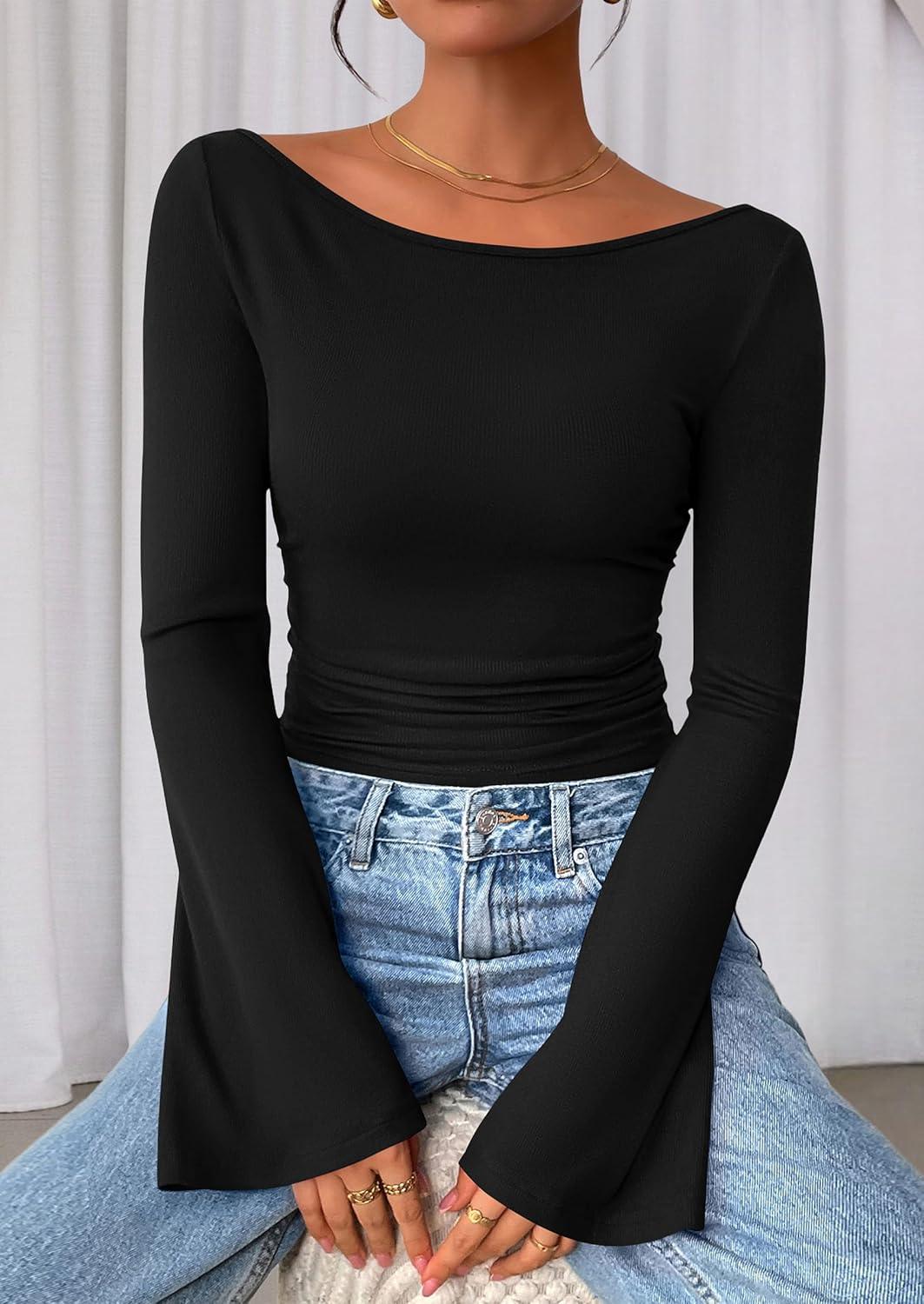 imagePRETTYGARDEN Womens Long Sleeve Shirts 2026 Spring Crop Going Out Tops Casual Boat Neck Bell Sleeve Ribbed Ruched Y2K ClothesBlack