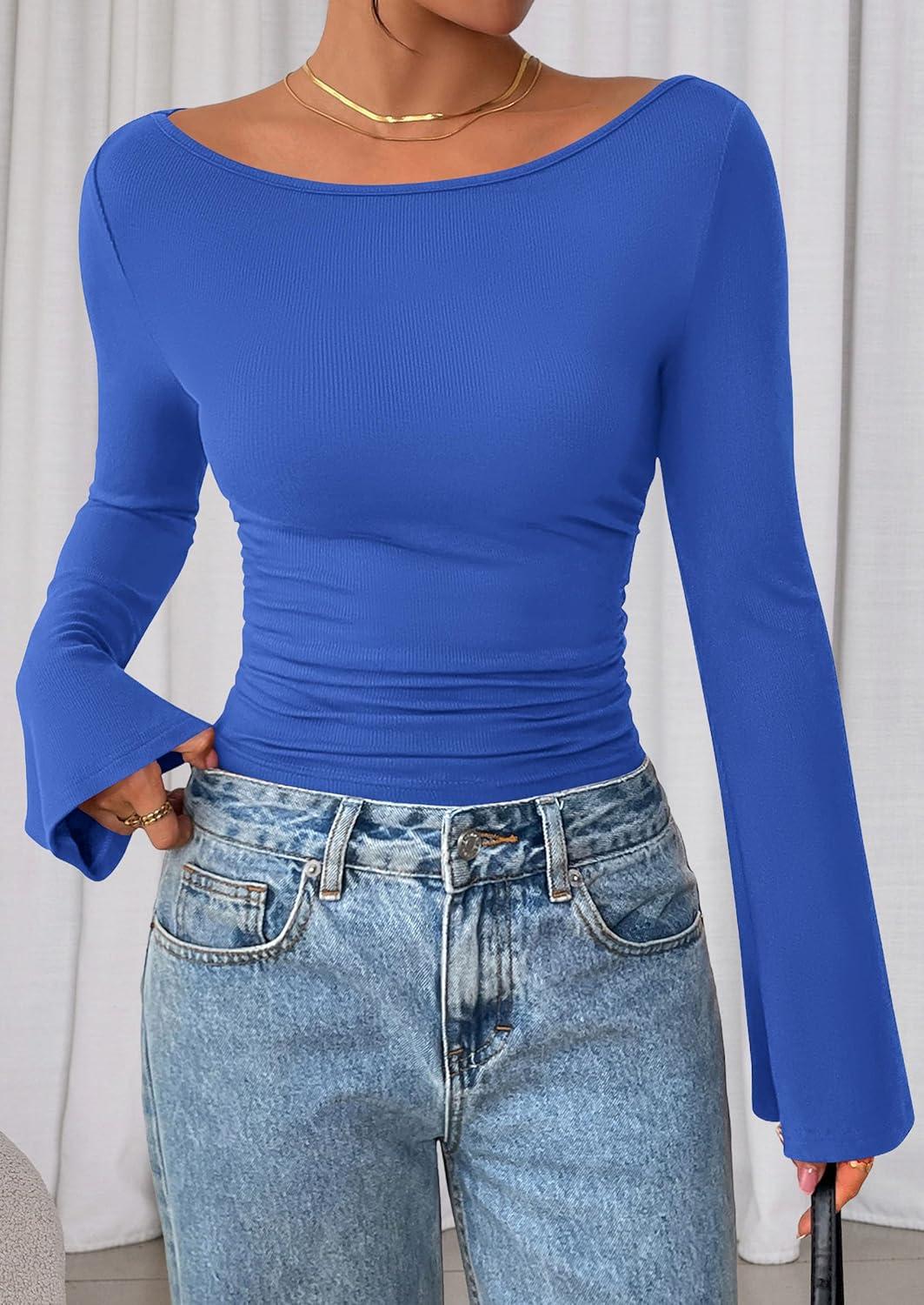 imagePRETTYGARDEN Womens Long Sleeve Shirts 2026 Spring Crop Going Out Tops Casual Boat Neck Bell Sleeve Ribbed Ruched Y2K ClothesBlue