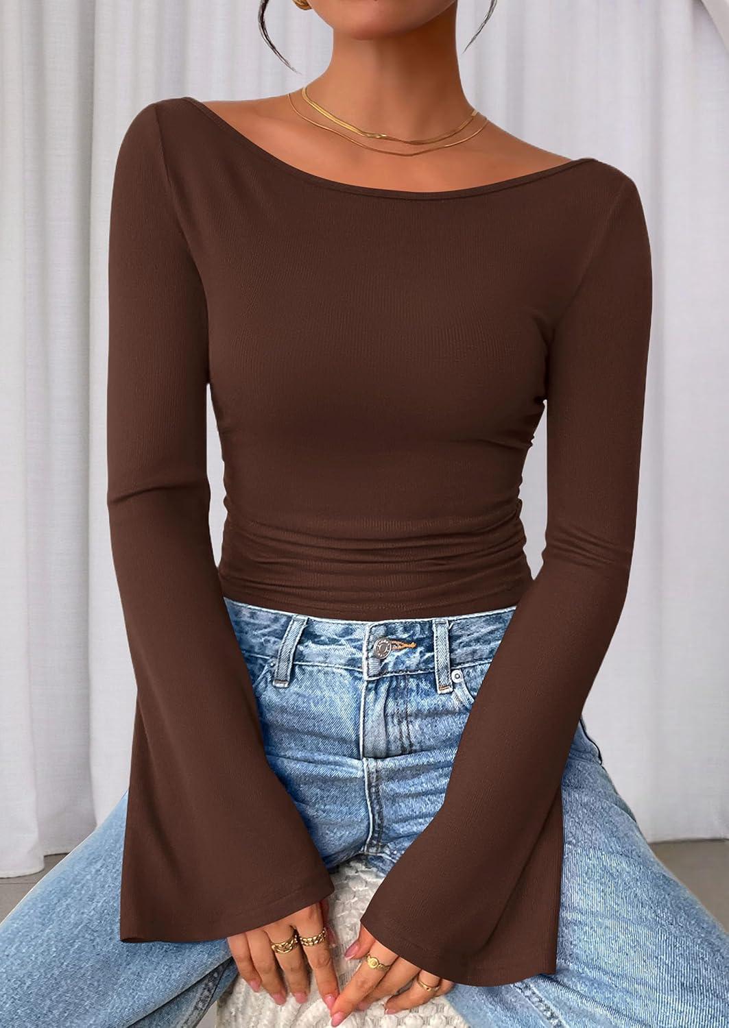 imagePRETTYGARDEN Womens Long Sleeve Shirts 2026 Spring Crop Going Out Tops Casual Boat Neck Bell Sleeve Ribbed Ruched Y2K ClothesBrown