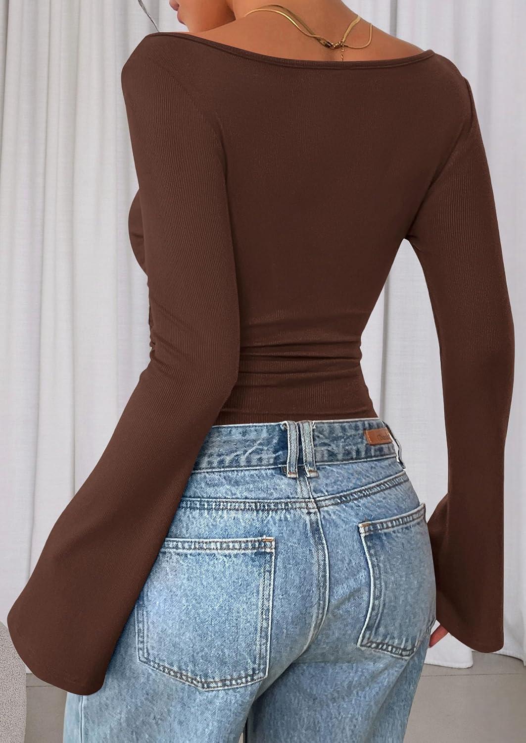 imagePRETTYGARDEN Womens Long Sleeve Shirts 2026 Spring Crop Going Out Tops Casual Boat Neck Bell Sleeve Ribbed Ruched Y2K ClothesBrown