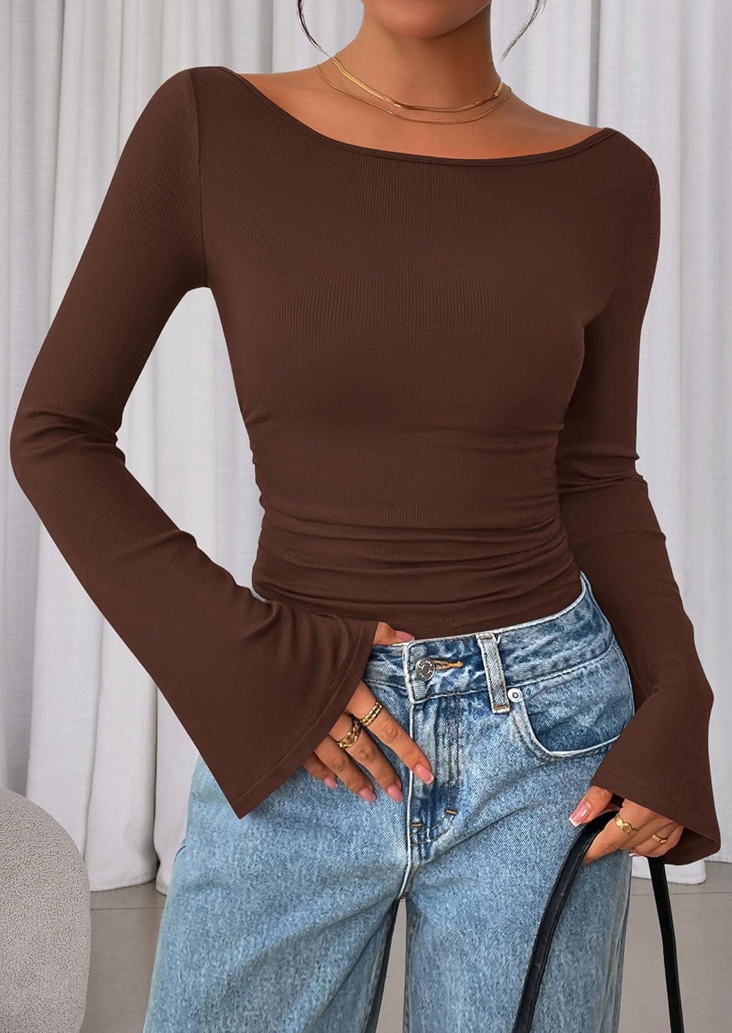 imagePRETTYGARDEN Womens Long Sleeve Shirts 2026 Spring Crop Going Out Tops Casual Boat Neck Bell Sleeve Ribbed Ruched Y2K ClothesBrown