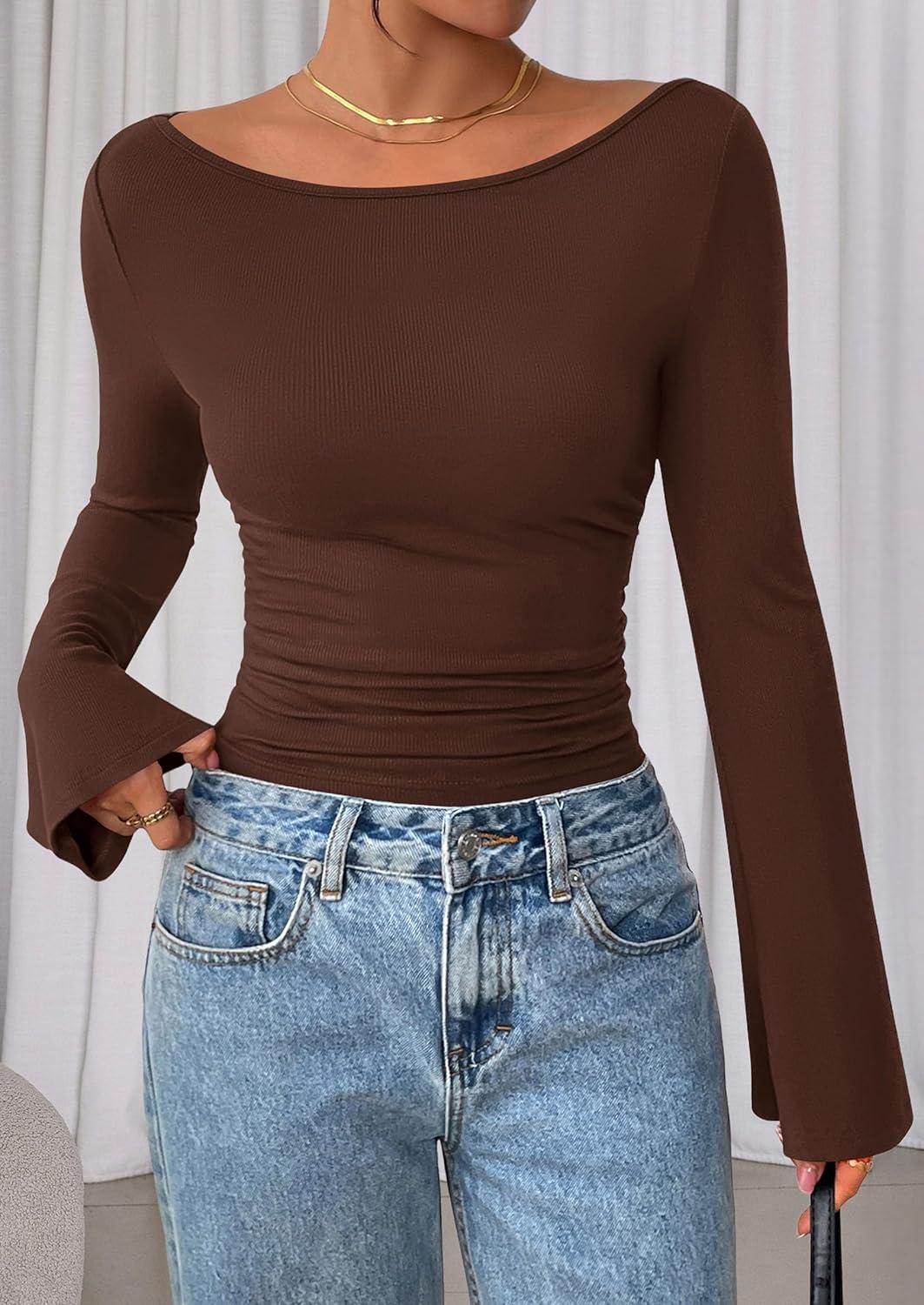 imagePRETTYGARDEN Womens Long Sleeve Shirts 2026 Spring Crop Going Out Tops Casual Boat Neck Bell Sleeve Ribbed Ruched Y2K ClothesBrown