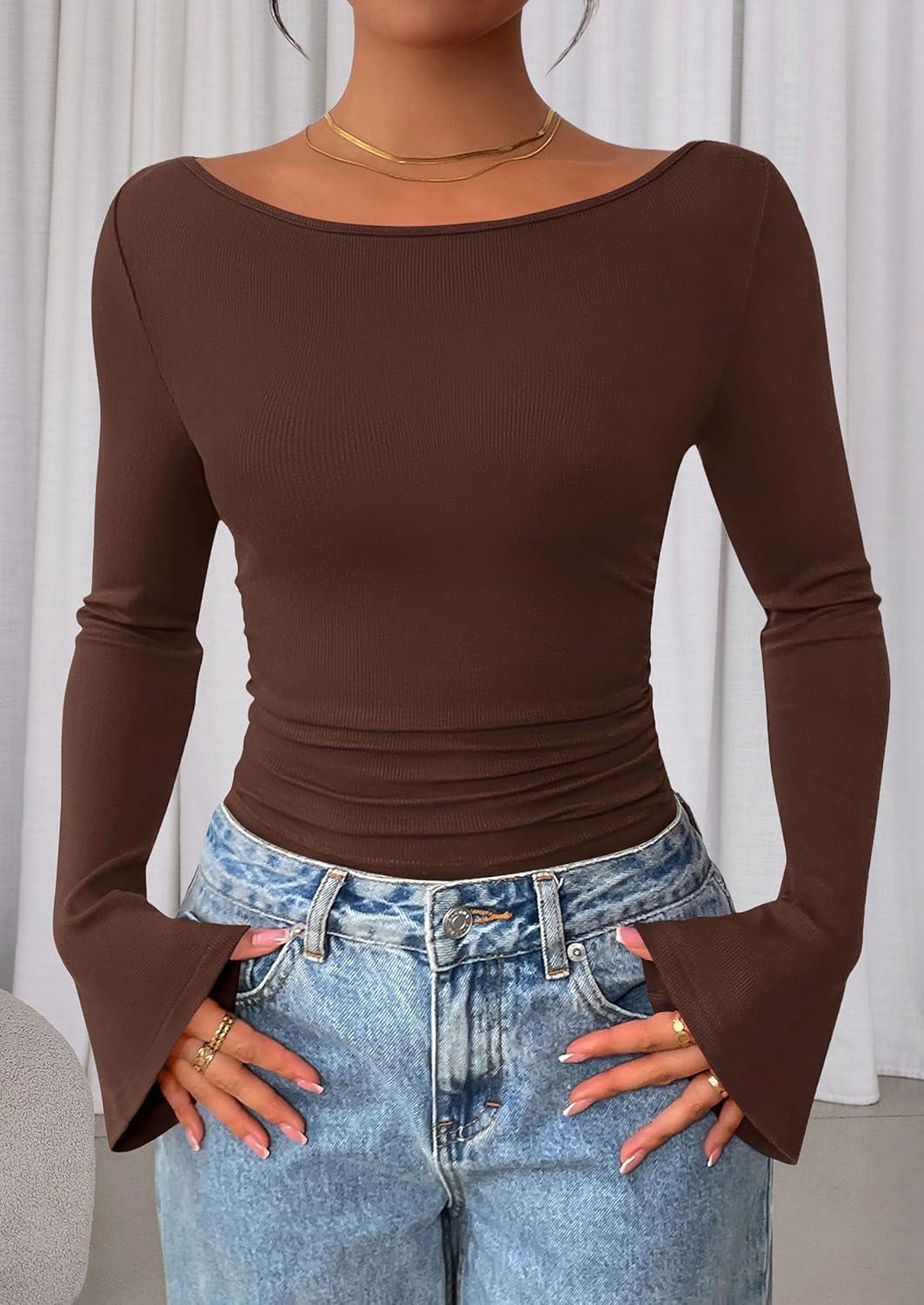 imagePRETTYGARDEN Womens Long Sleeve Shirts 2026 Spring Crop Going Out Tops Casual Boat Neck Bell Sleeve Ribbed Ruched Y2K ClothesBrown