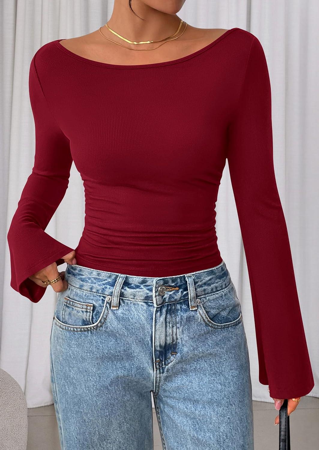 imagePRETTYGARDEN Womens Long Sleeve Shirts 2026 Spring Crop Going Out Tops Casual Boat Neck Bell Sleeve Ribbed Ruched Y2K ClothesBurgundy