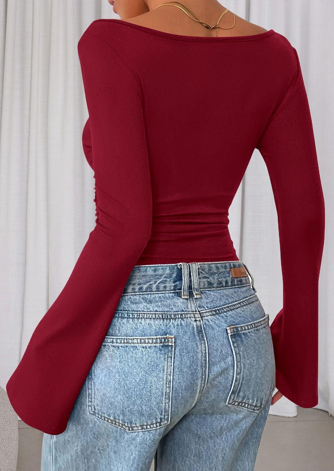 imagePRETTYGARDEN Womens Long Sleeve Shirts 2026 Spring Crop Going Out Tops Casual Boat Neck Bell Sleeve Ribbed Ruched Y2K ClothesBurgundy