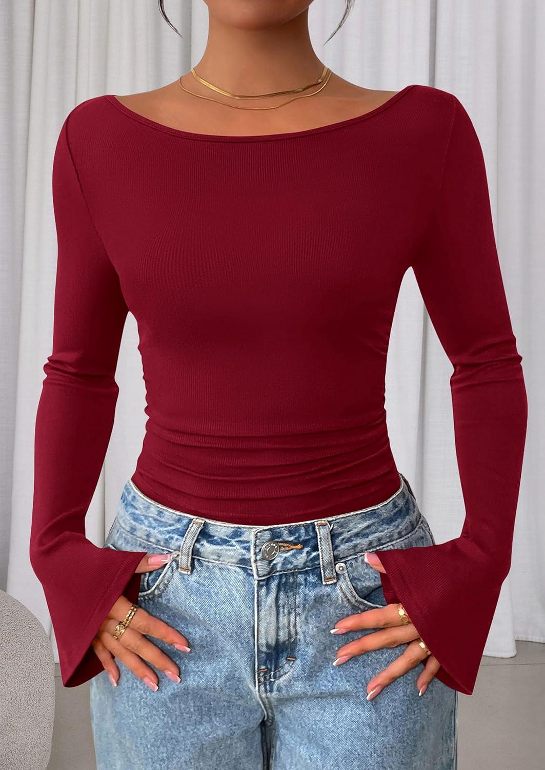 imagePRETTYGARDEN Womens Long Sleeve Shirts 2026 Spring Crop Going Out Tops Casual Boat Neck Bell Sleeve Ribbed Ruched Y2K ClothesBurgundy