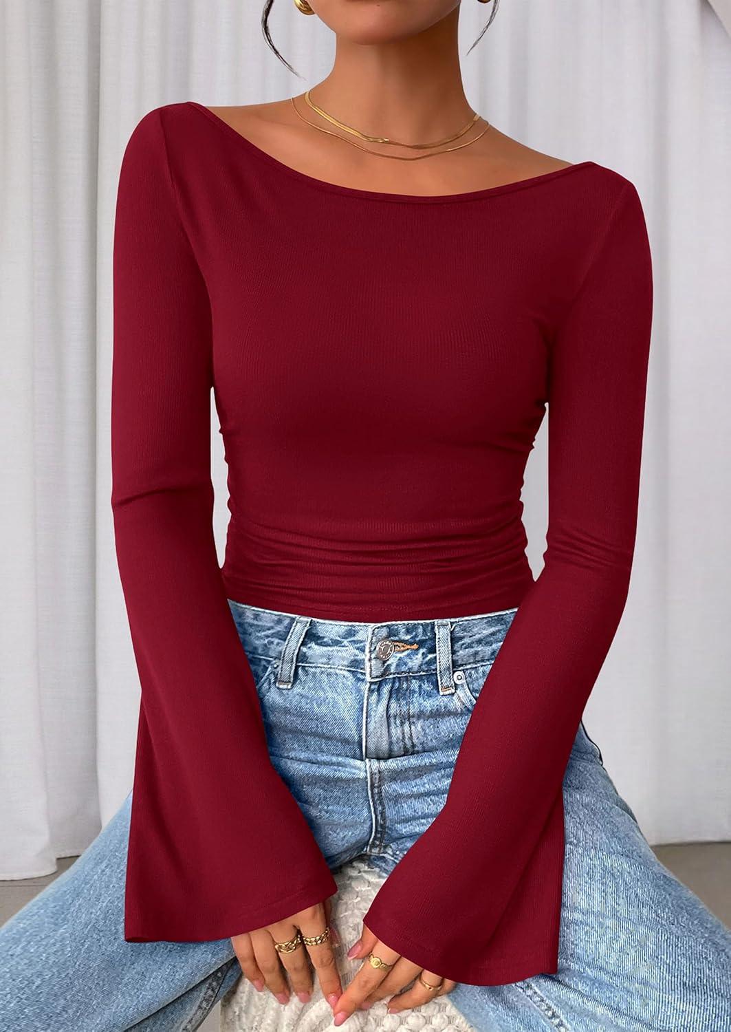 imagePRETTYGARDEN Womens Long Sleeve Shirts 2026 Spring Crop Going Out Tops Casual Boat Neck Bell Sleeve Ribbed Ruched Y2K ClothesBurgundy